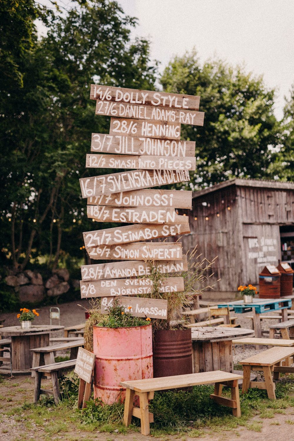 Rustic wooden directional sign post with multiple weathered arrows displaying street and place names stands in an outdoor setting.