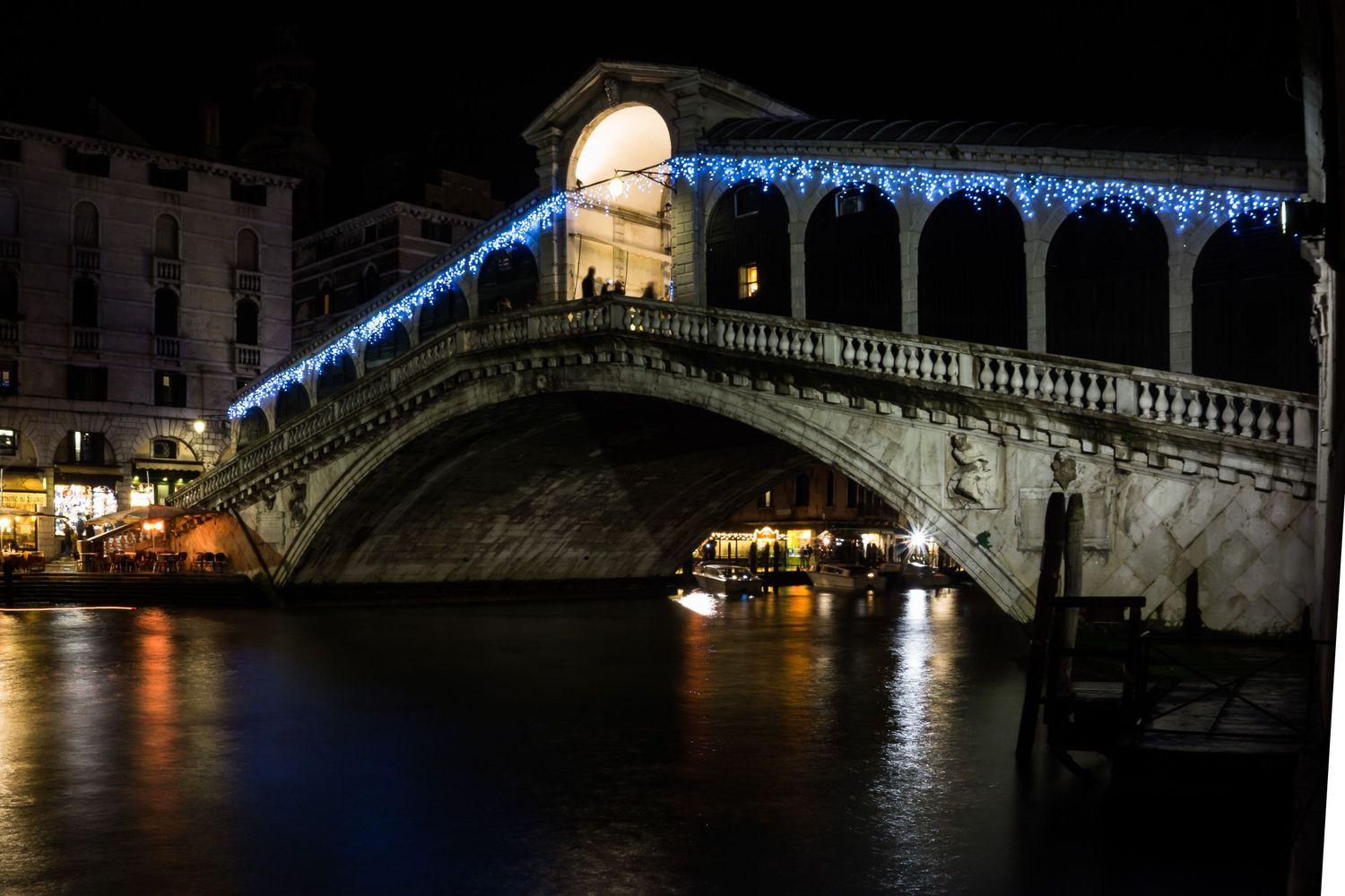 The Rialto Bridge in Venice illuminated at night with blue lights reflecting off the canal's dark waters.