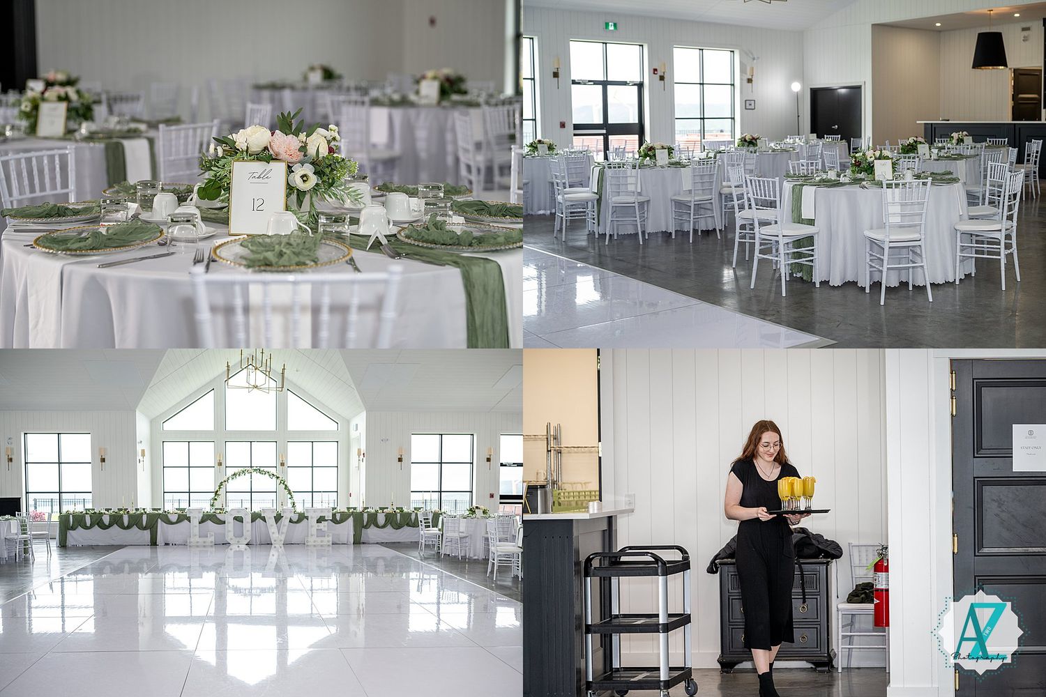 Modern white event venue with clean lines and natural light streaming through large windows.