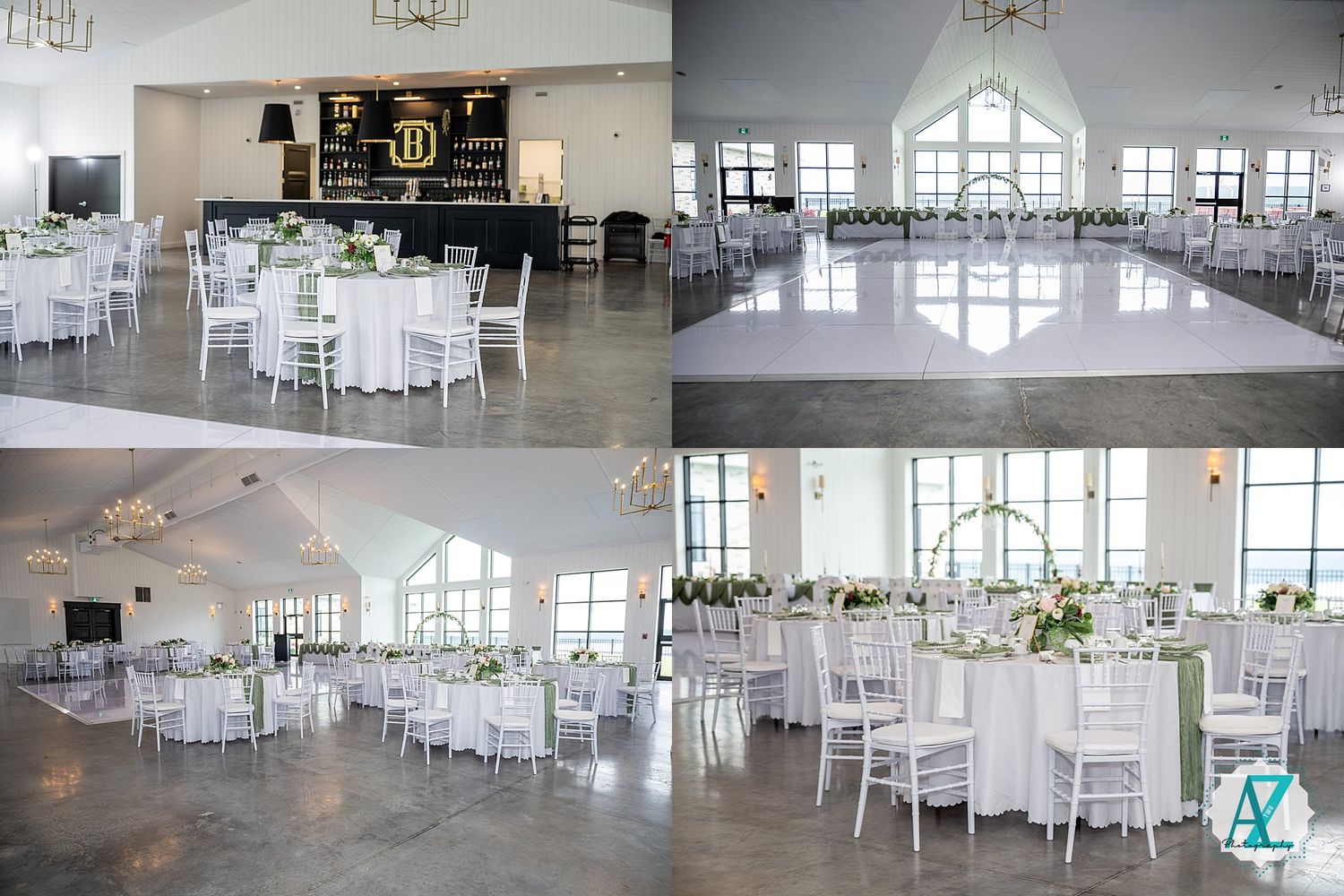 A bright and airy wedding reception venue with white chairs, tablescapes, and large windows letting in natural light.