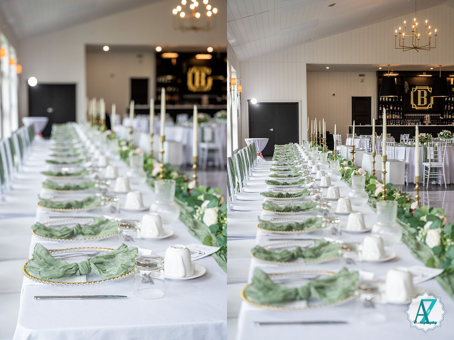 Long white reception tables set with elegant green and white place settings under crystal chandeliers.