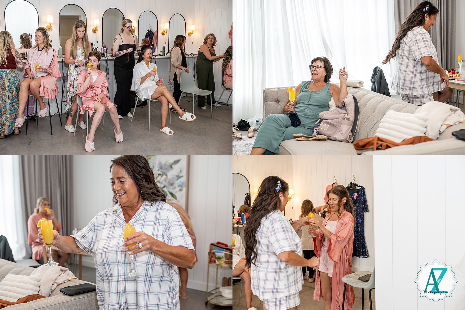Women in casual loungewear interact and socialize during a party or gathering in a modern interior space.