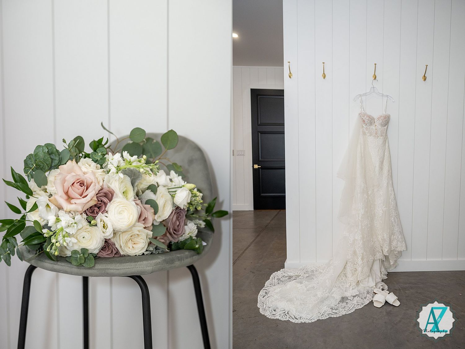 A collection of elegant wedding dresses and floral arrangements displayed in a bright white interior space.