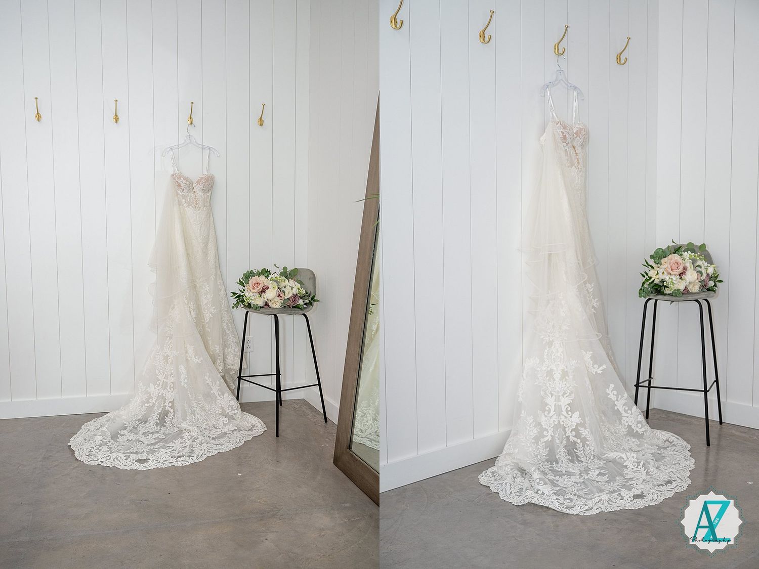 Multiple views of an elegant white lace wedding dress with a long train displayed on a mannequin in a bridal boutique.