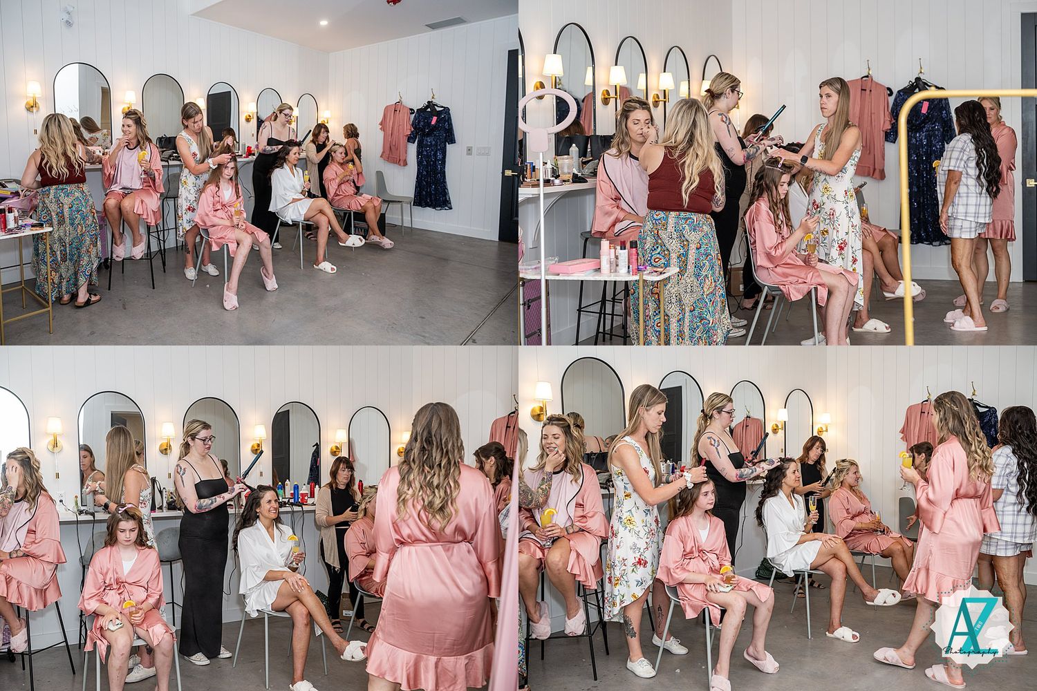 A group wearing matching pink floral robes gathers in a bright white room for a wedding preparation celebration.