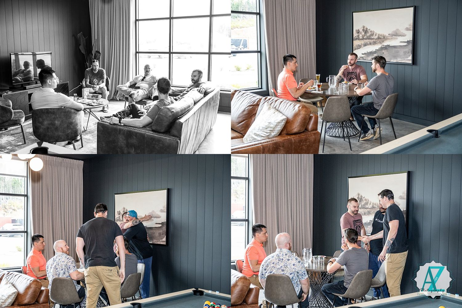 People gather in a modern office space with dark blue walls and large windows for collaborative work sessions.