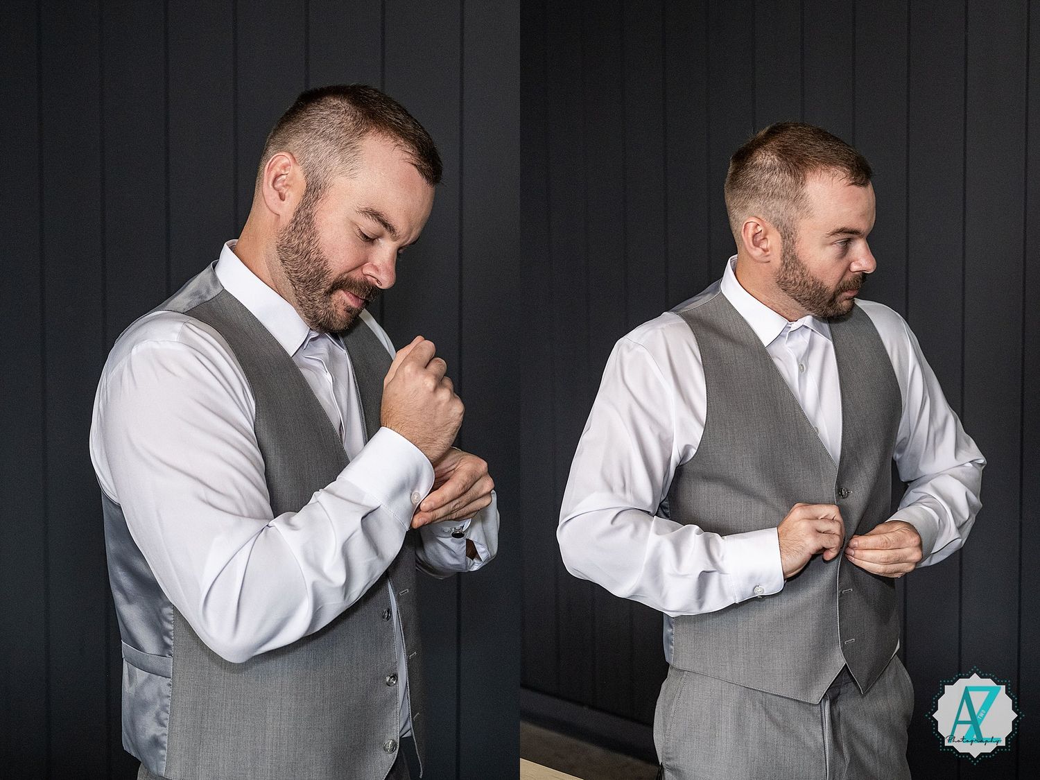A sequence showing someone adjusting the cuff of a white dress shirt against a dark background.