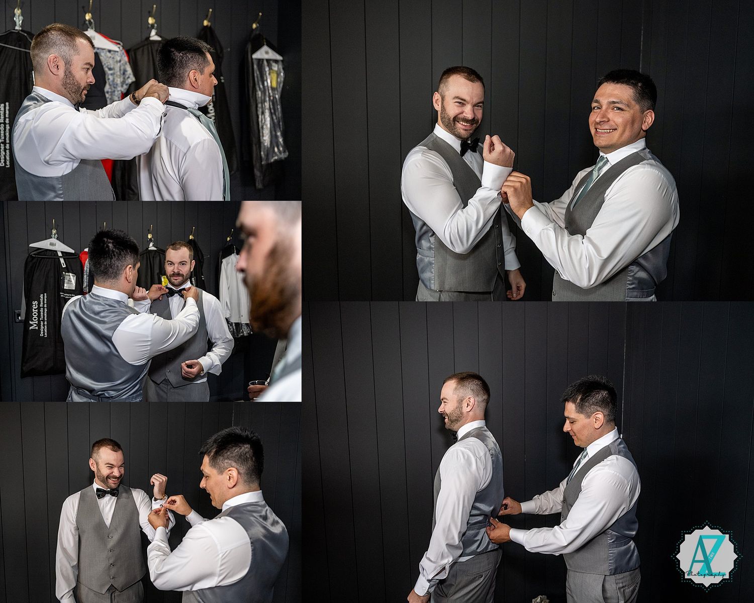 Groomsmen sharing drinks and laughs against dark backdrop during wedding preparations.