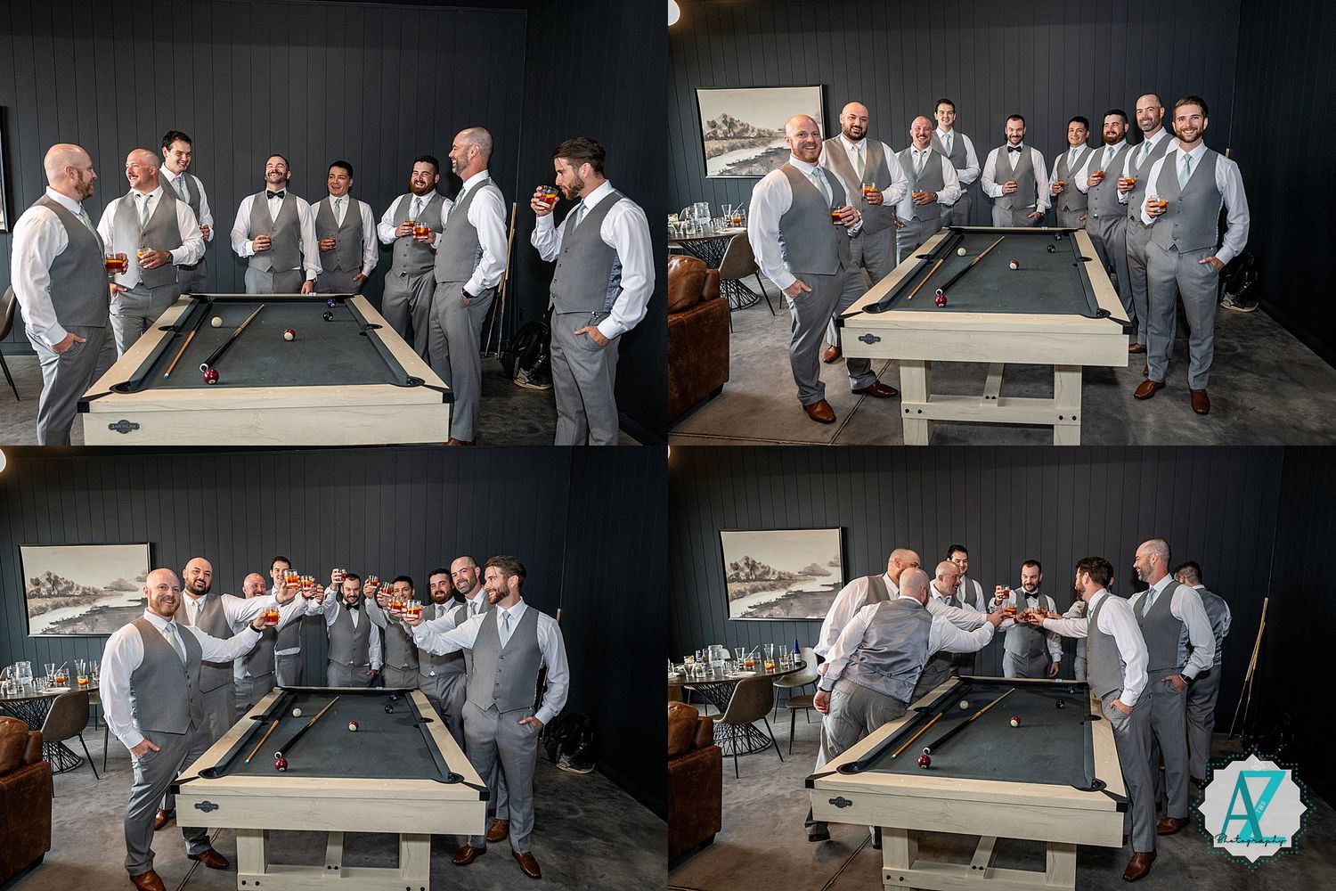 Groomsmen in matching grey suits gathered around pool table during wedding celebration.