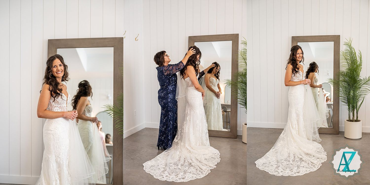 Sequence of candid bridal fitting moments captured in a modern boutique with mirror reflections and greenery.