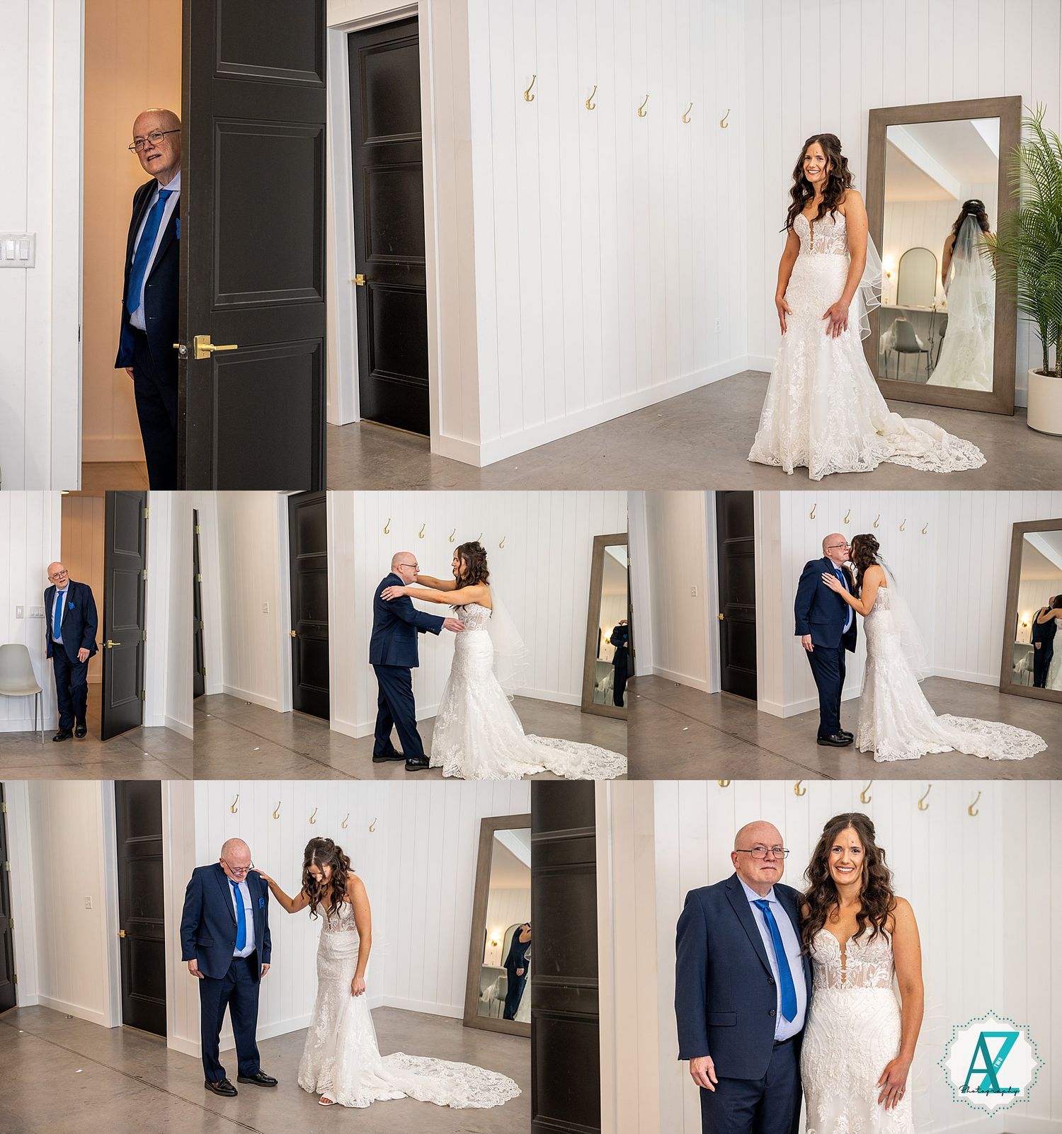 A collage of wedding photos showing sweet first look moments between a bride and groom in a modern white venue.