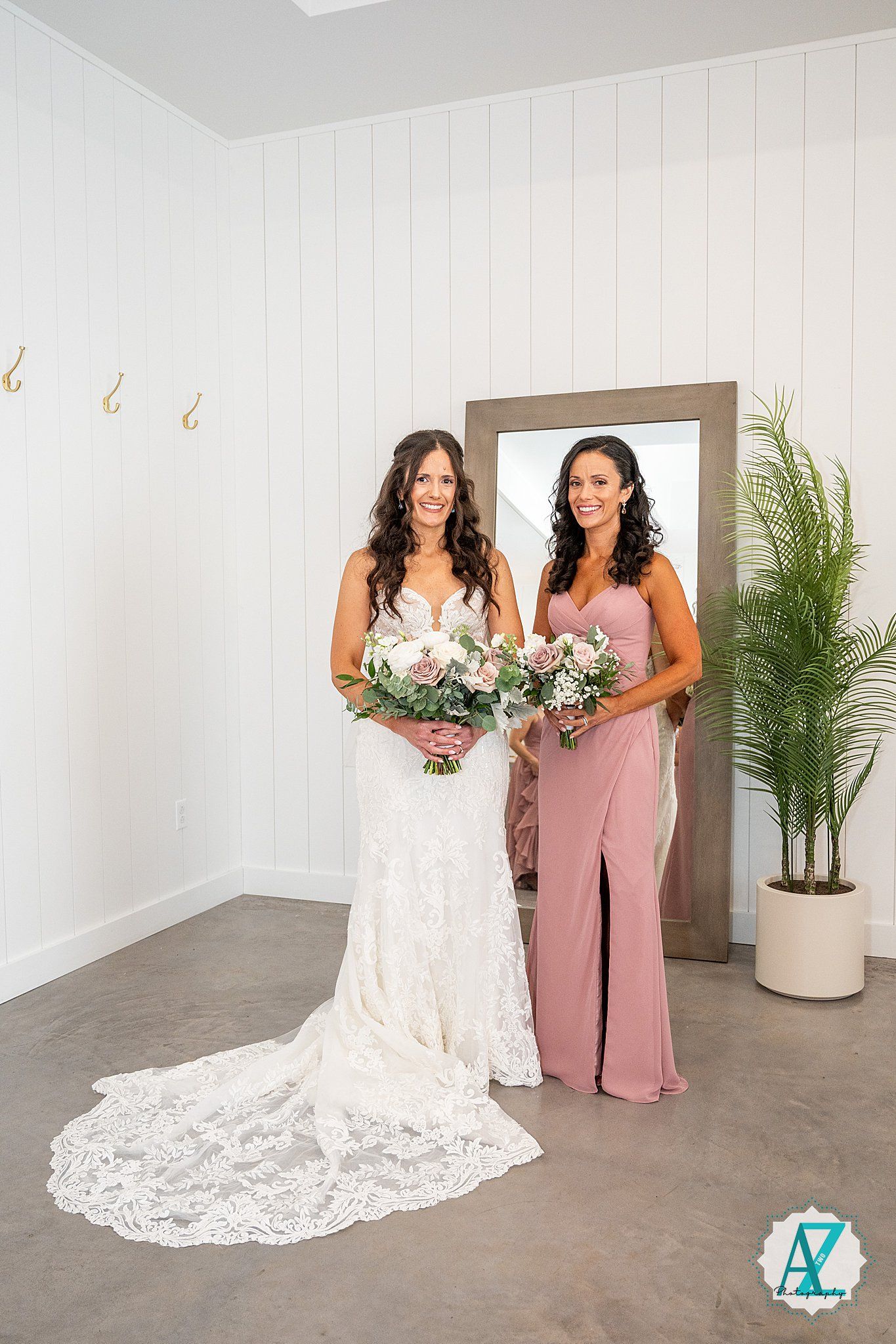 Series of elegant bridal portraits showing wedding dress details and bridesmaids in dusty rose gowns.