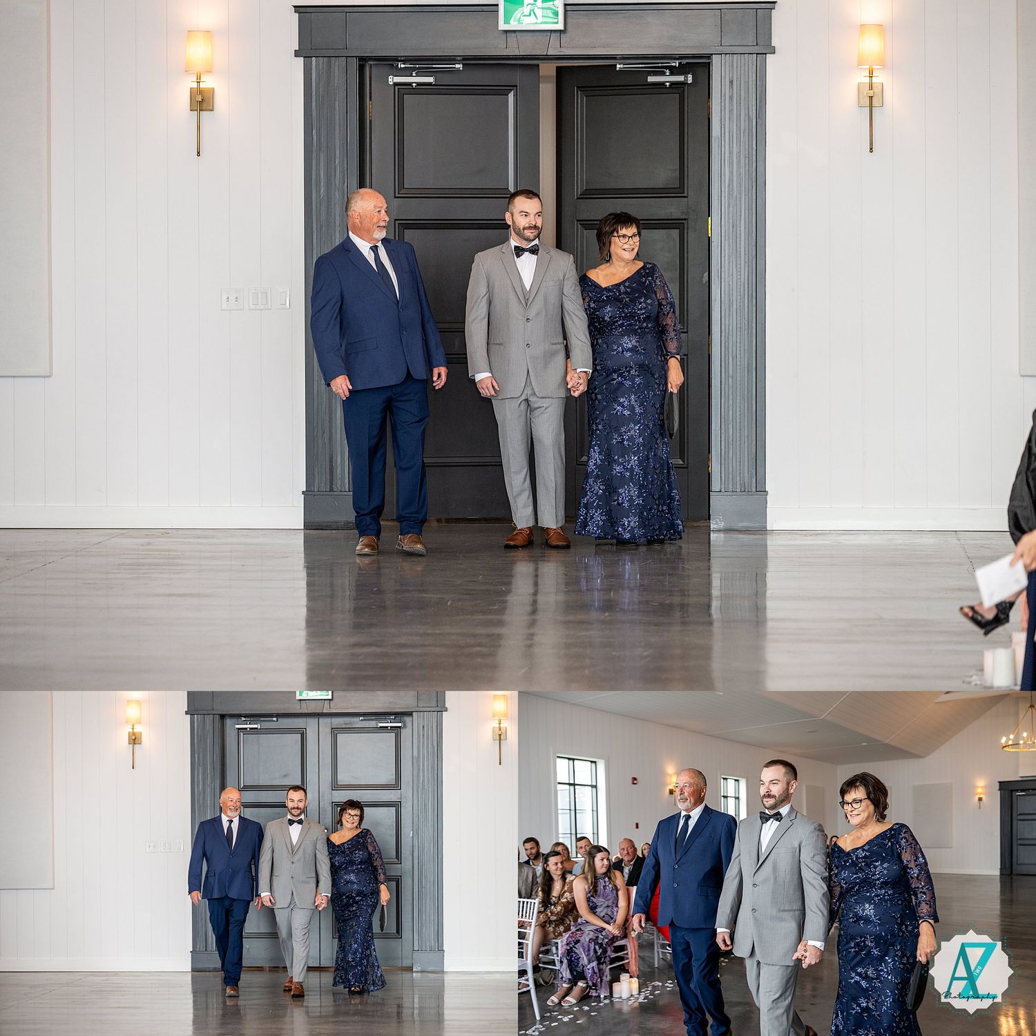 Wedding ceremony guests gathered in an elegant white interior hall with wall sconces and grey doorways.