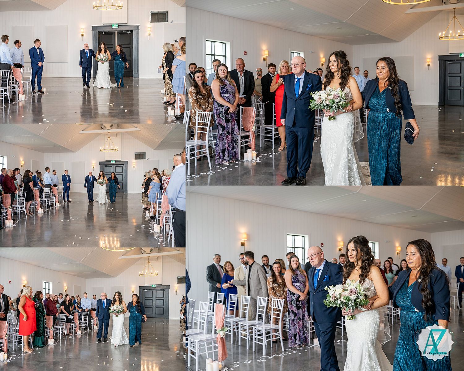Wedding ceremony guests gather in an elegant white-walled venue with high ceilings and modern lighting fixtures.