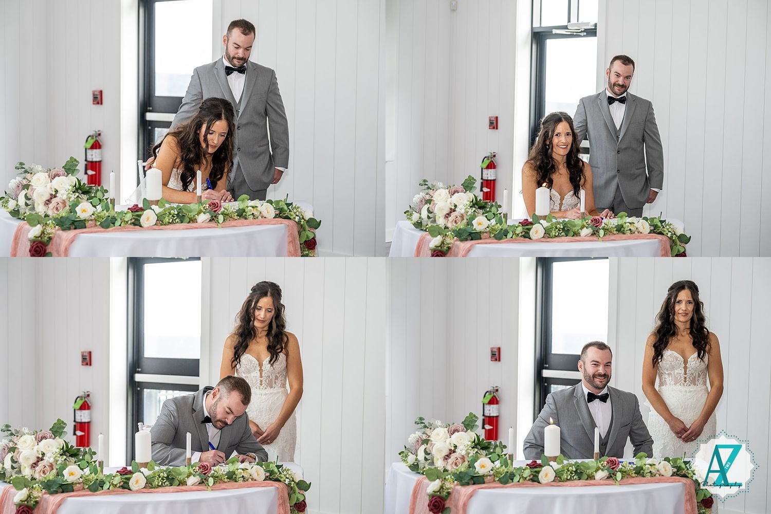 Wedding party members posing for photos in a modern white venue with floral decorations.