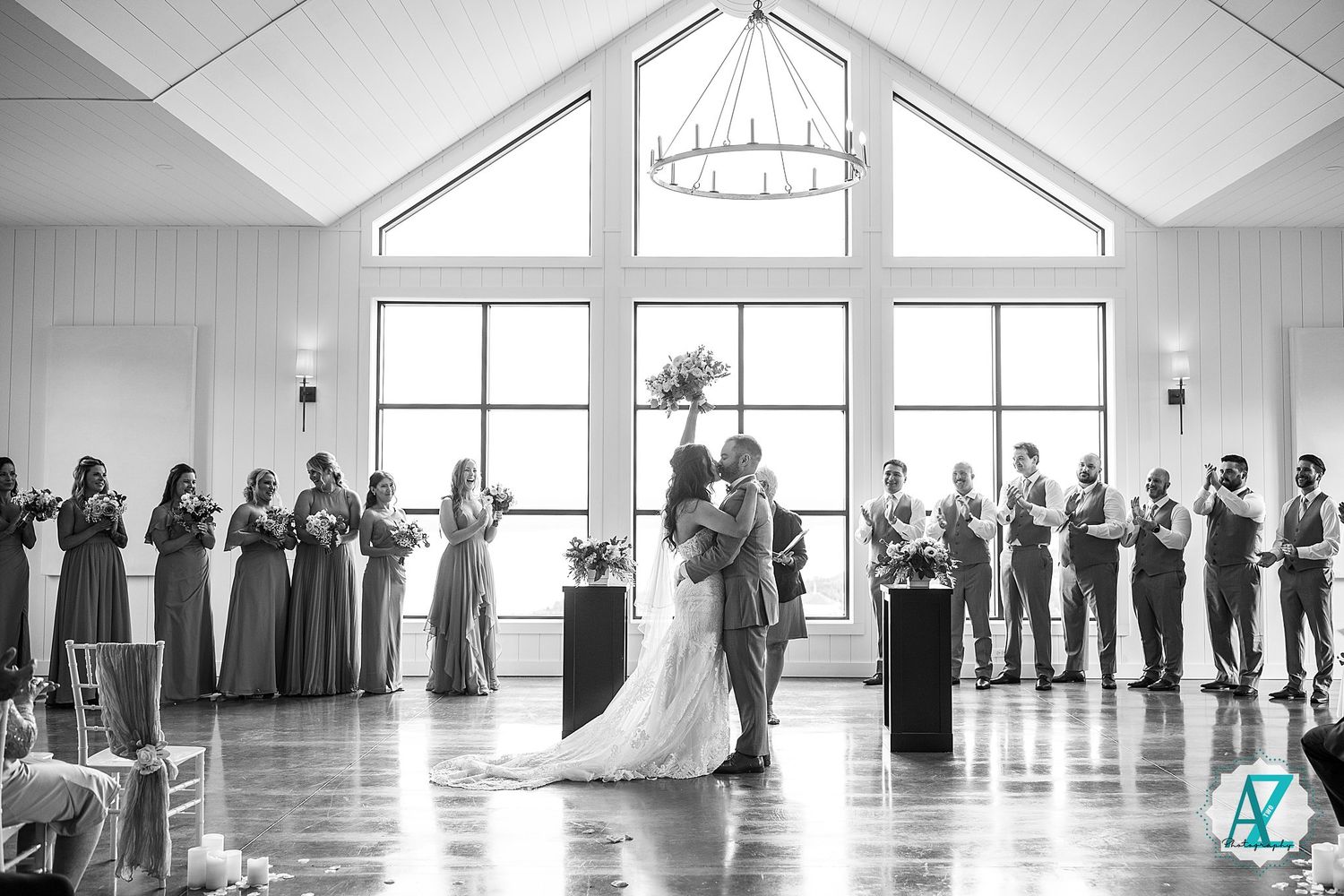A sequence of panoramic shots showing a wedding ceremony in a bright white room with large windows and guests standing.