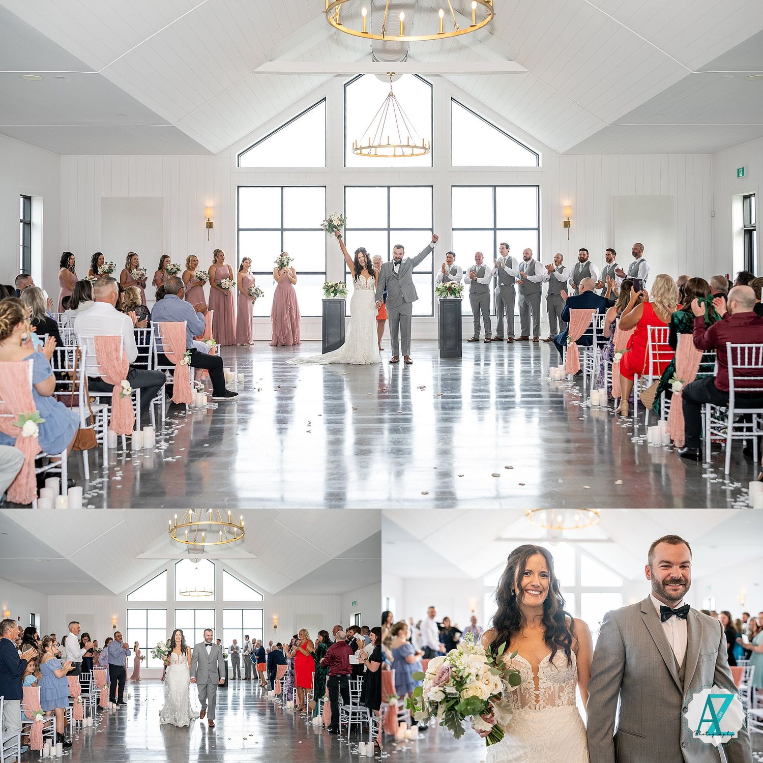 Wedding ceremony venue with guests, chandelier, and large windows in panoramic view.