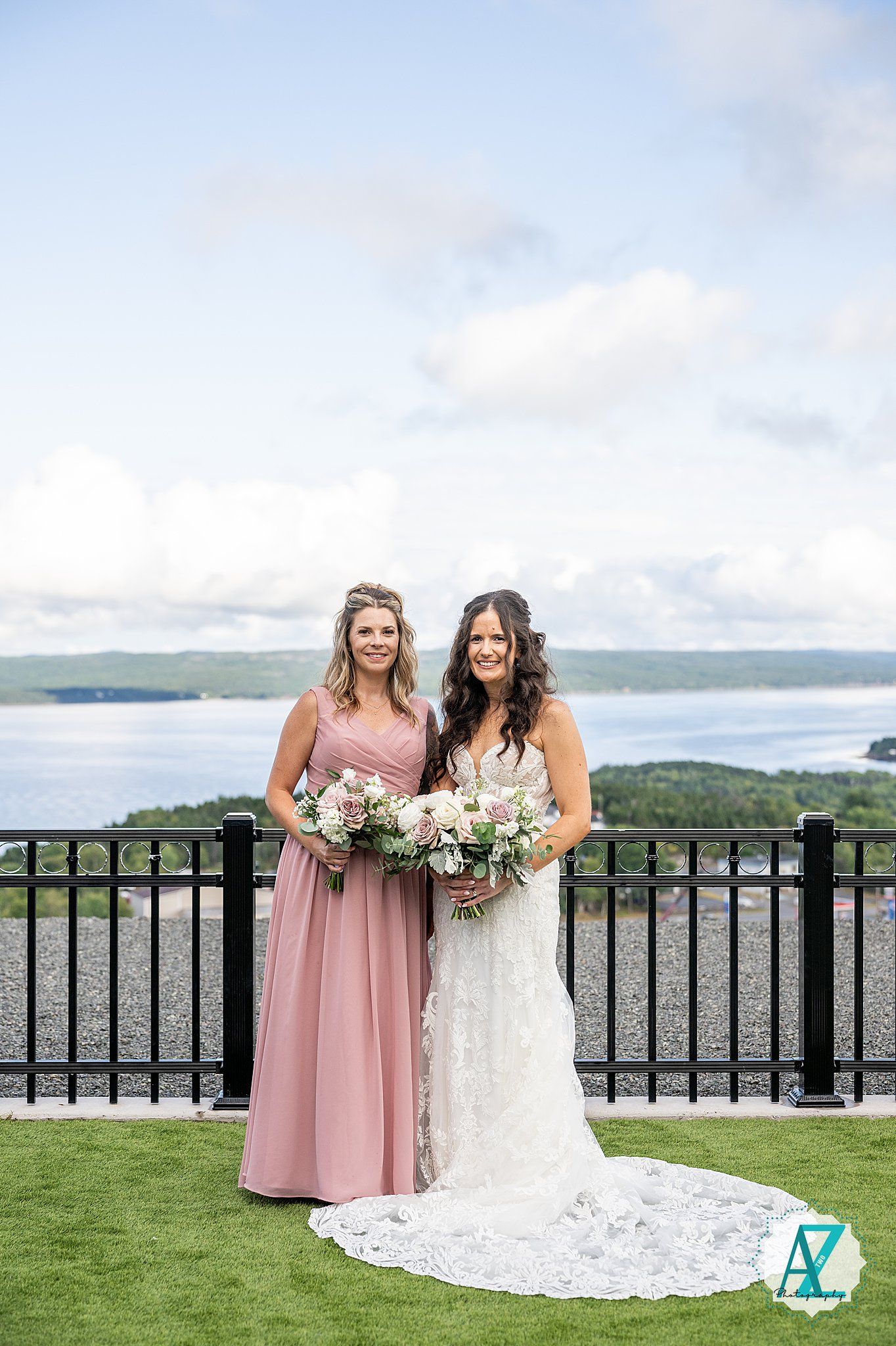 Wedding party poses on scenic overlook with lush landscape and elegant dresses against black railing.
