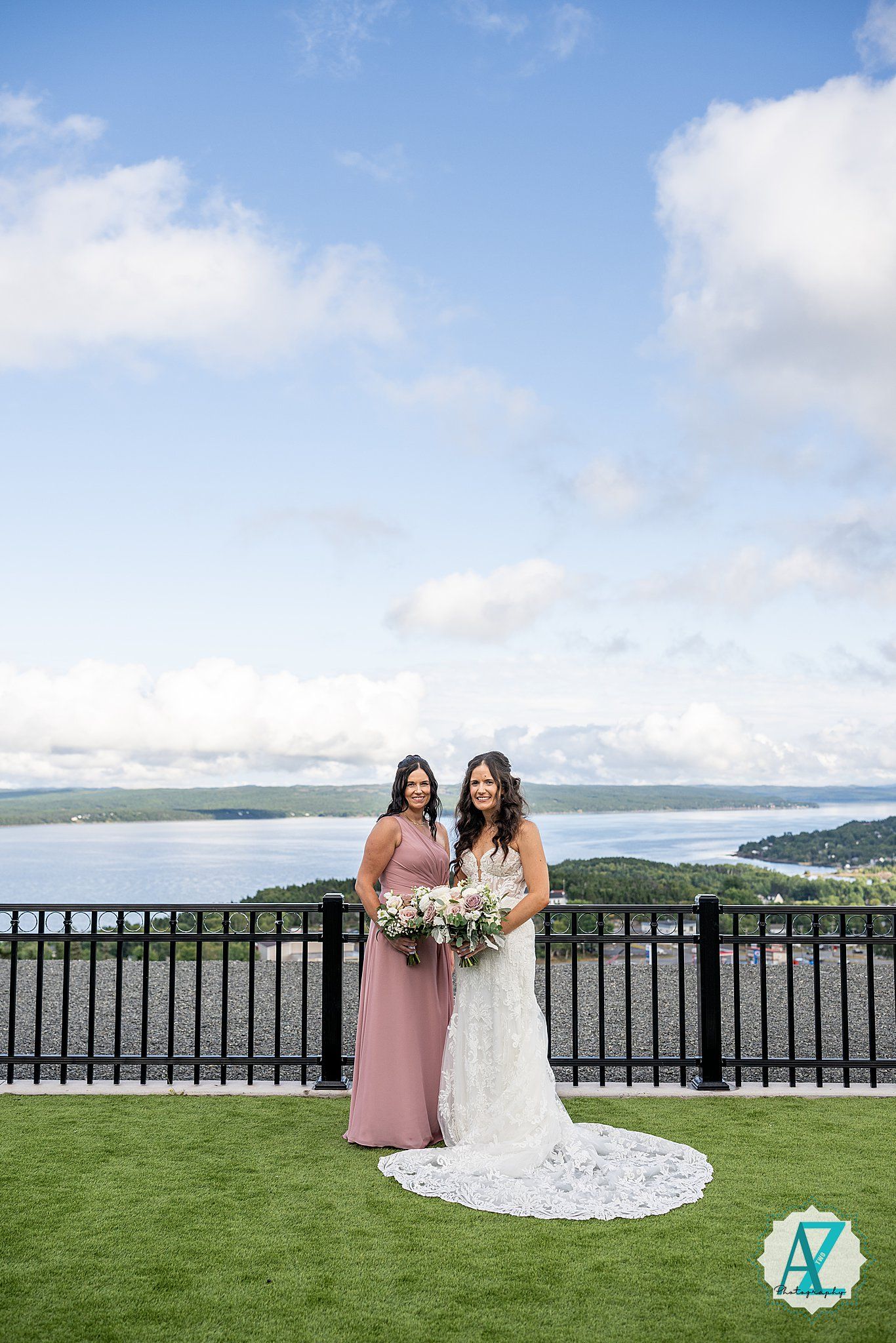 A wedding party stands on a lush green lawn overlooking a scenic waterfront view with mountains in the distance.