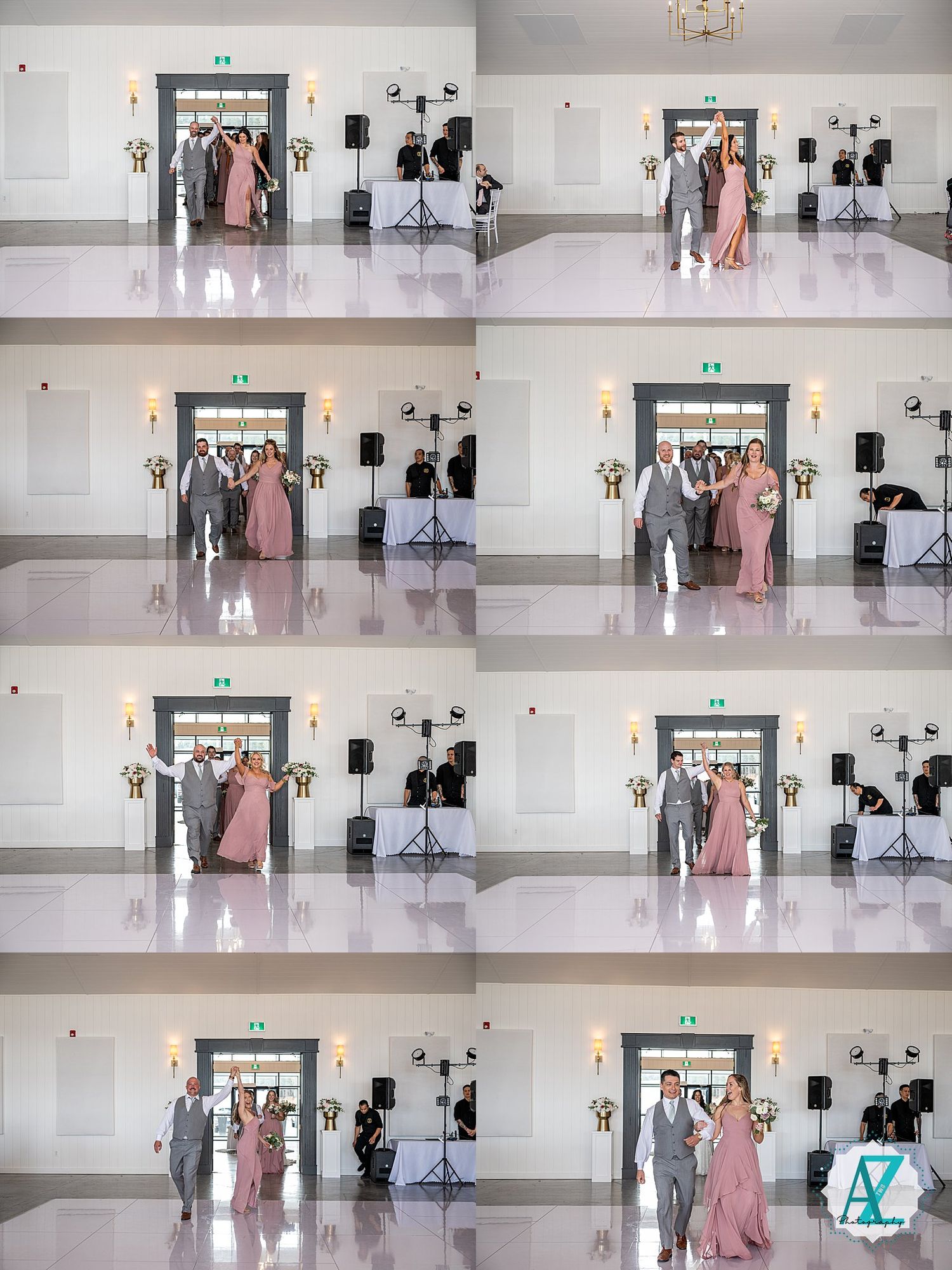 Multiple frames showing a formal event in a modern white hallway with polished floors.