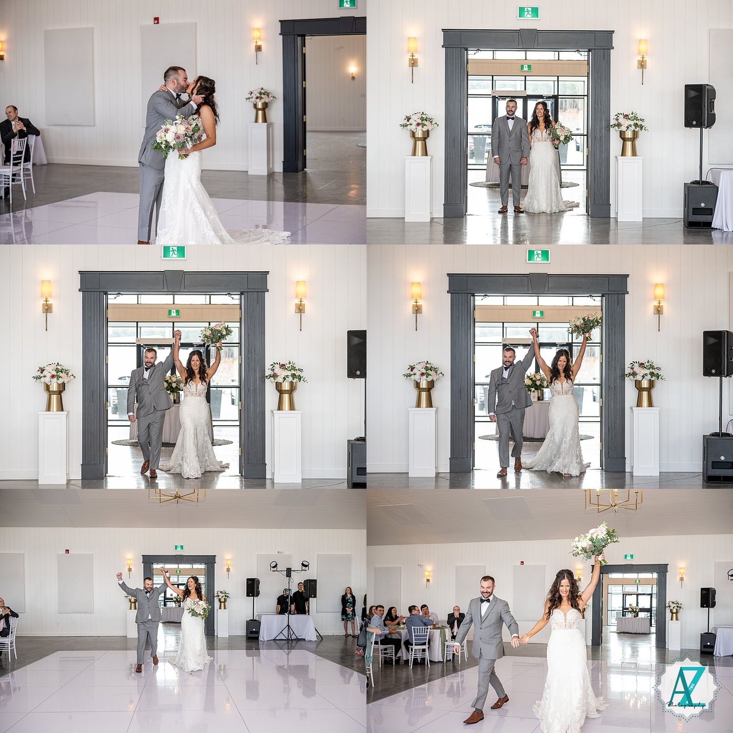 A bright, modern wedding venue with white walls, high ceilings, and elegant wall sconces creates an airy atmosphere.