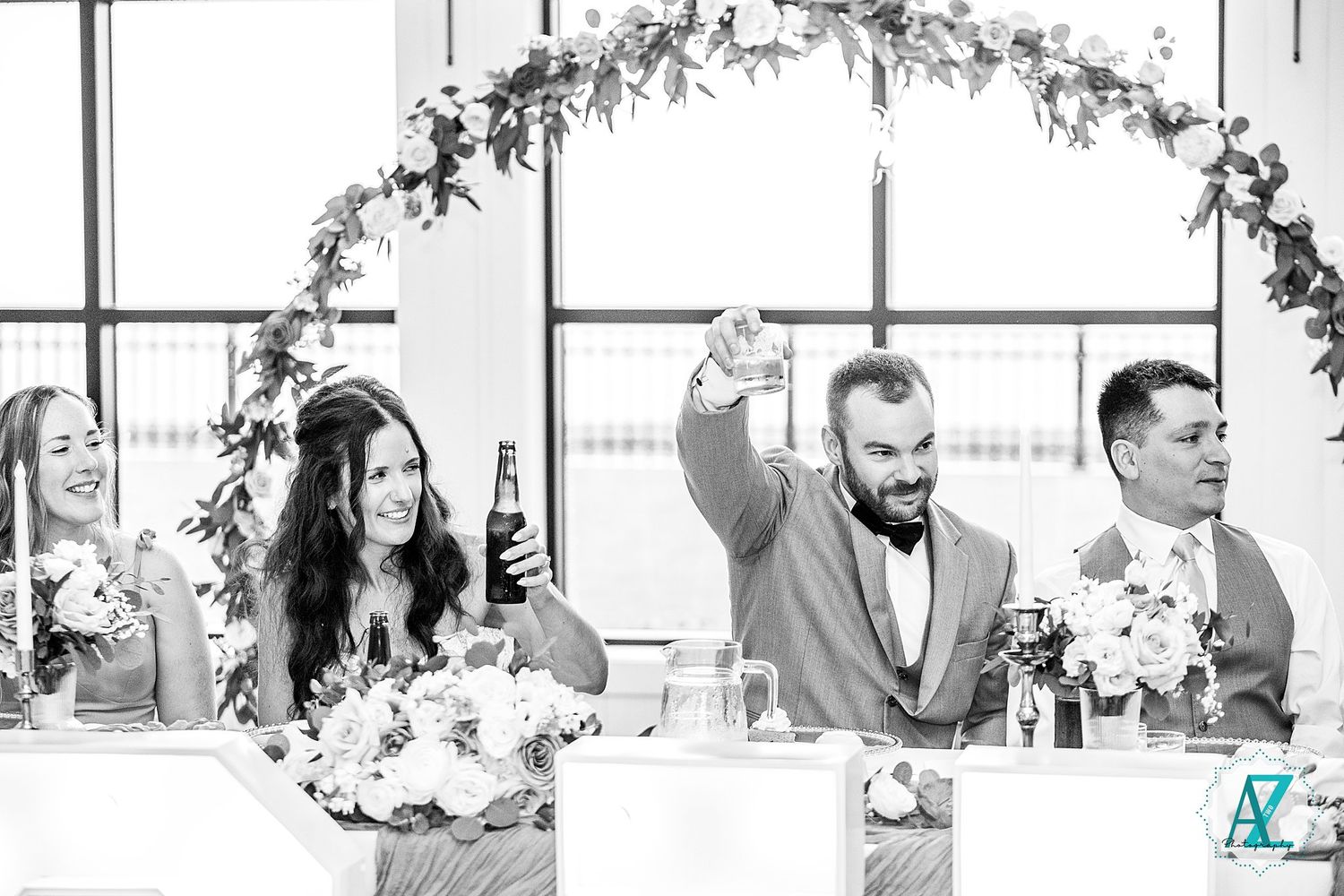 A row of black and white photos showing wedding moments displayed in a collage format.
