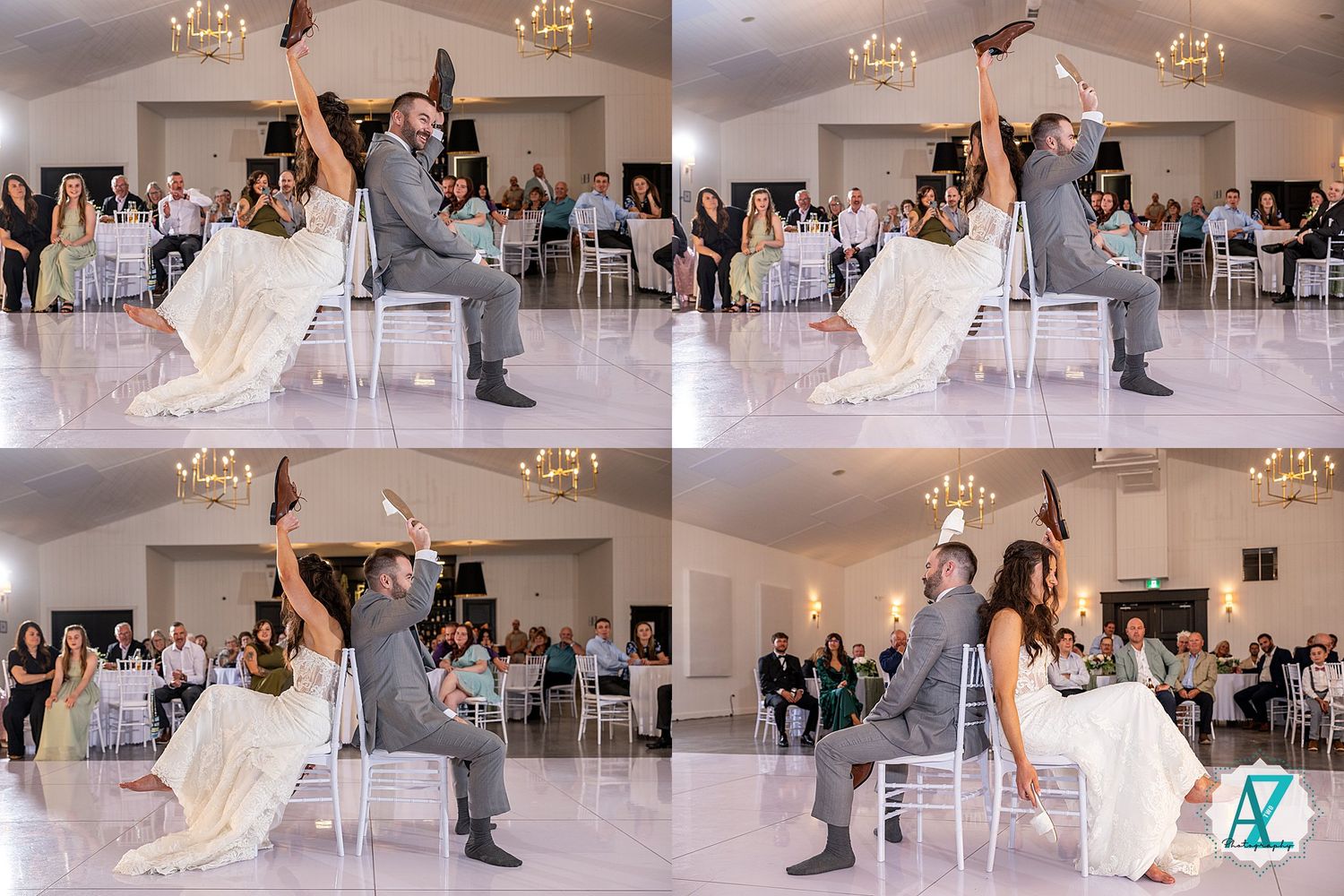 Collage of a wedding dance routine showing four dynamic poses in a reception hall with white decor.