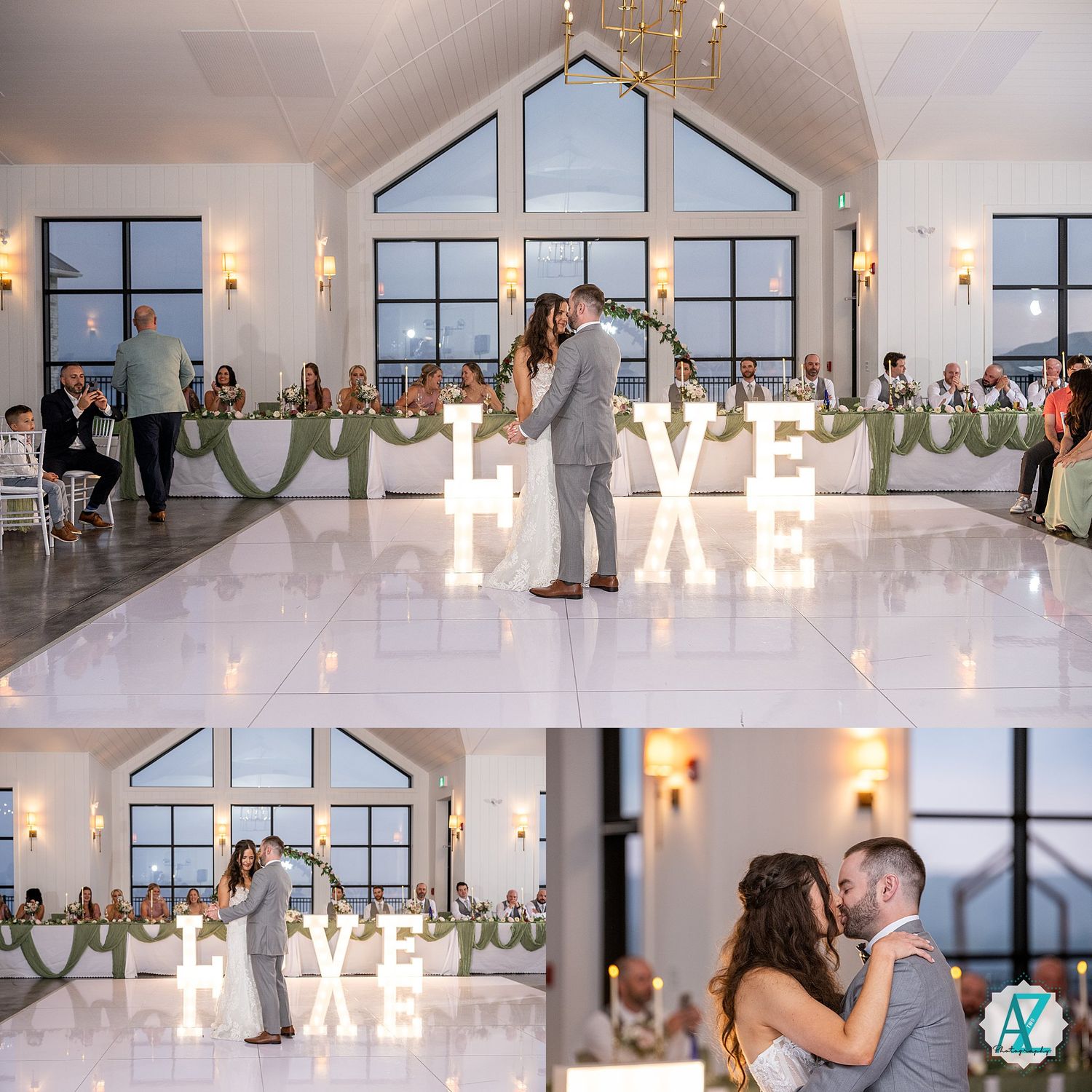 A wedding couple shares romantic moments on an elegant white dance floor with decorative lighting.