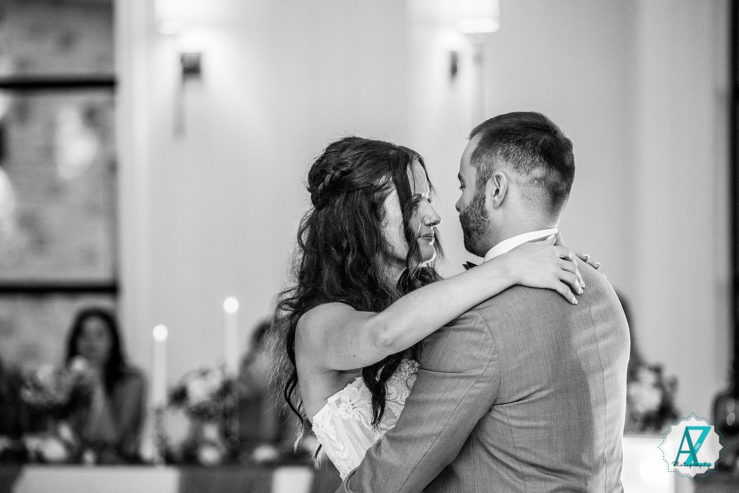 A sequence of wedding celebration photos displayed in monochromatic tones showing dancing and embraces.