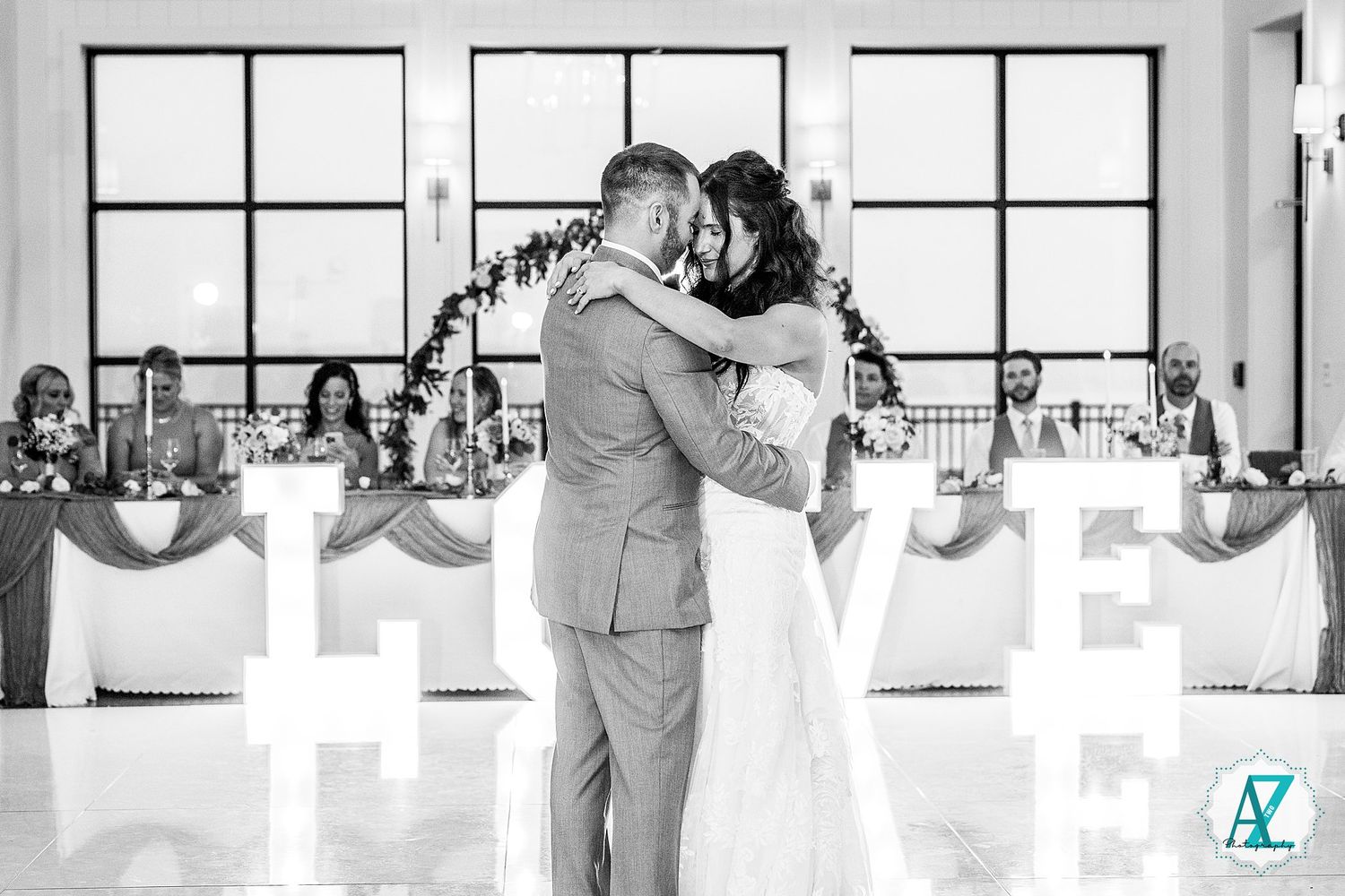 A sequence of elegant wedding ceremony photos with guests in a bright indoor venue.