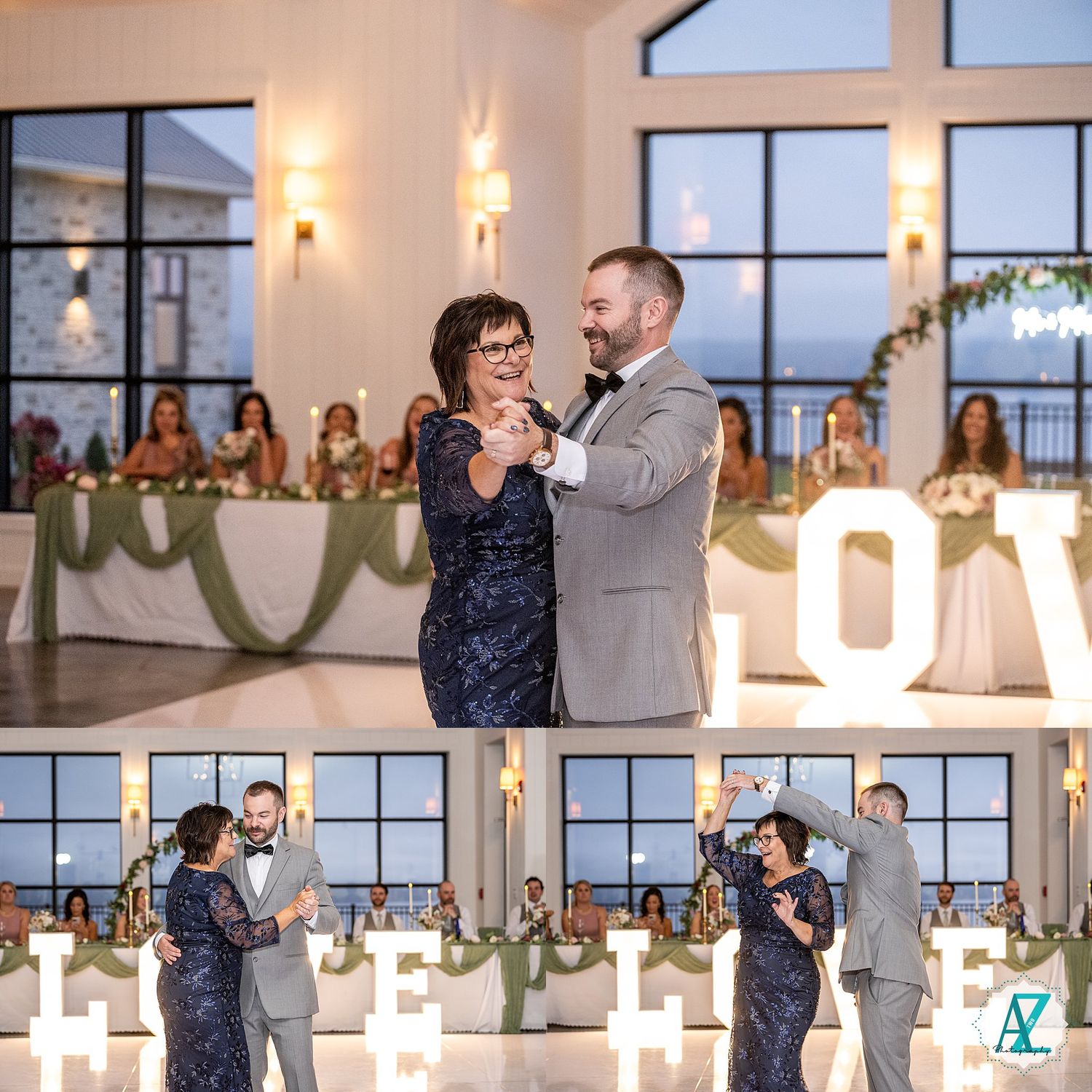 A tender moment shared on the dance floor at an elegant wedding reception with white decor and candlelit ambiance.