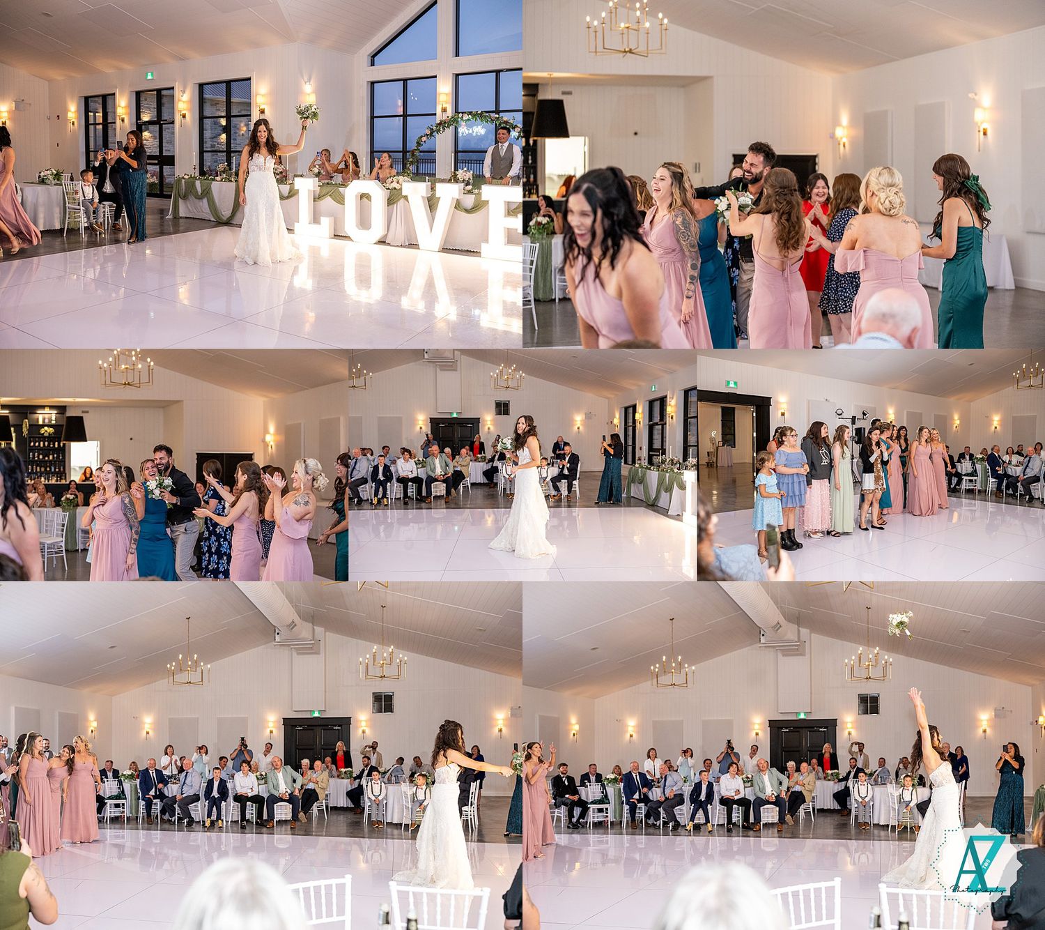Multi-panel photo collage showing wedding reception moments with guests in pink dresses gathering around dance floor.