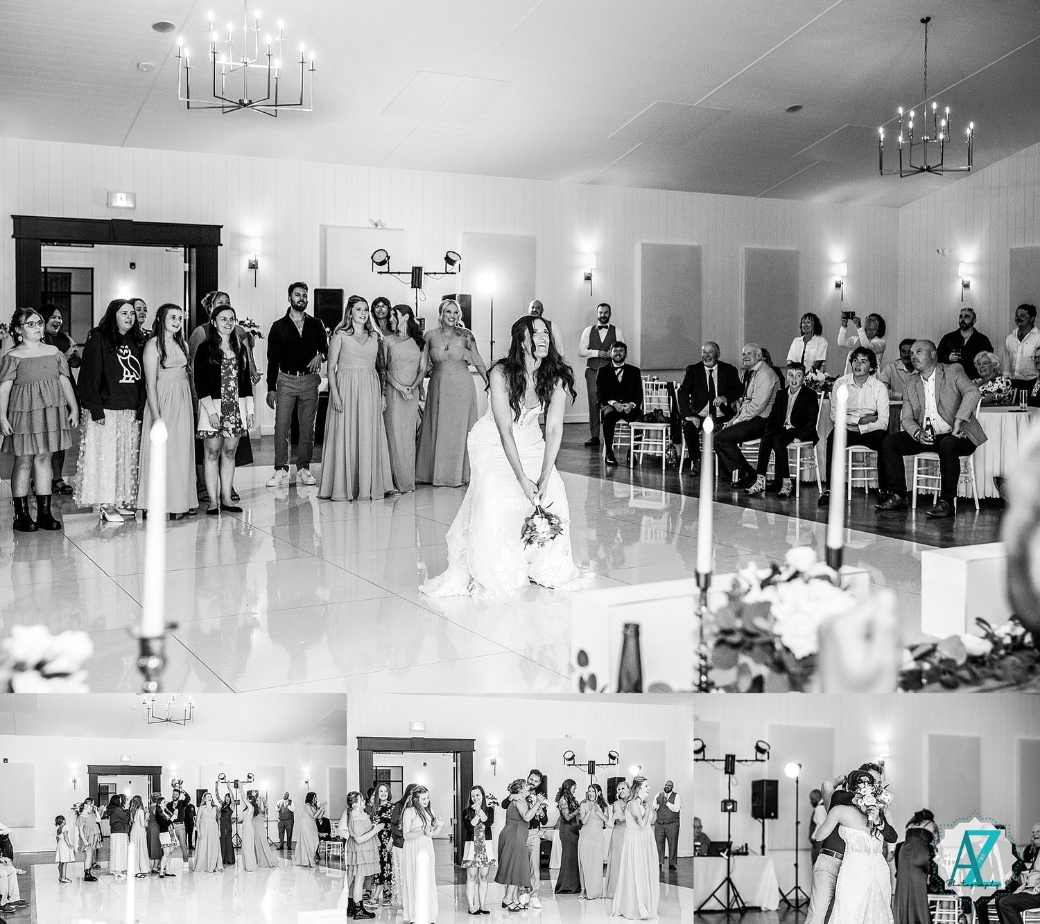 Black and white panoramic collage of a wedding ceremony and reception showing bridal party and guests in an elegant venue.