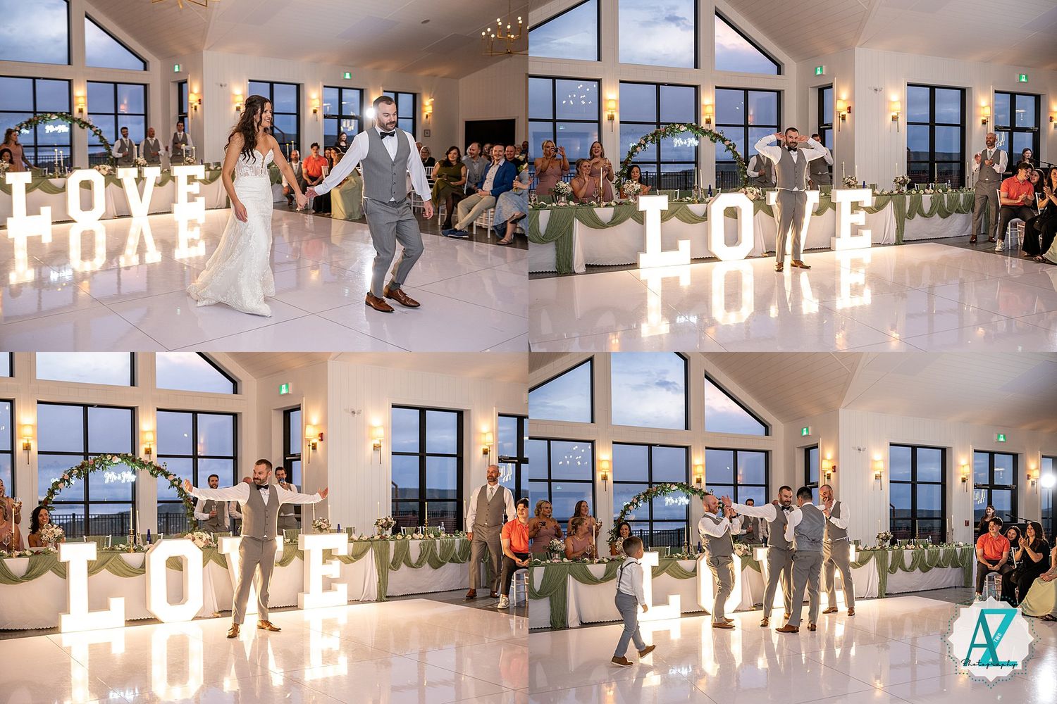 Wedding reception hall with vaulted ceiling, large windows and decorative lighting.
