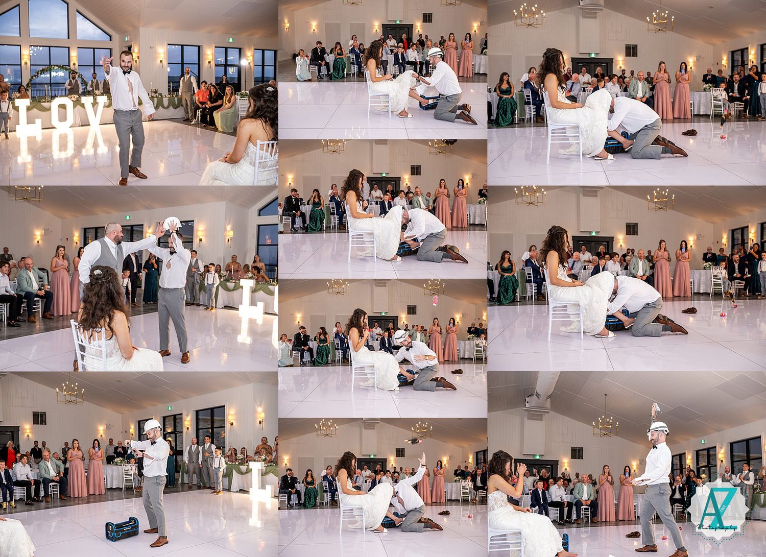 Large indoor event venue showing multiple people seated at tables with a dance floor visible in the space filled with guests.