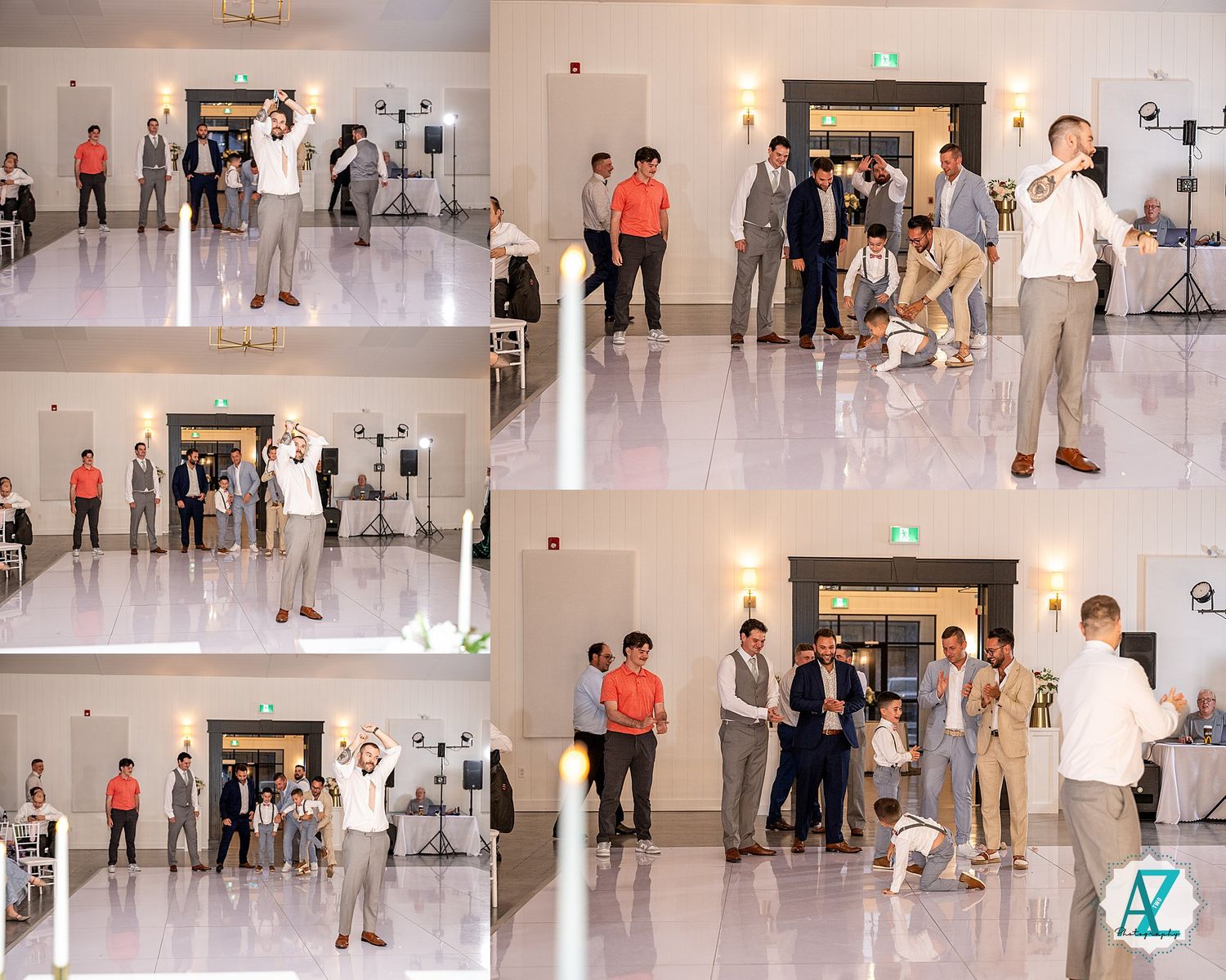 Party guests practicing dance moves and choreography in a spacious indoor venue.