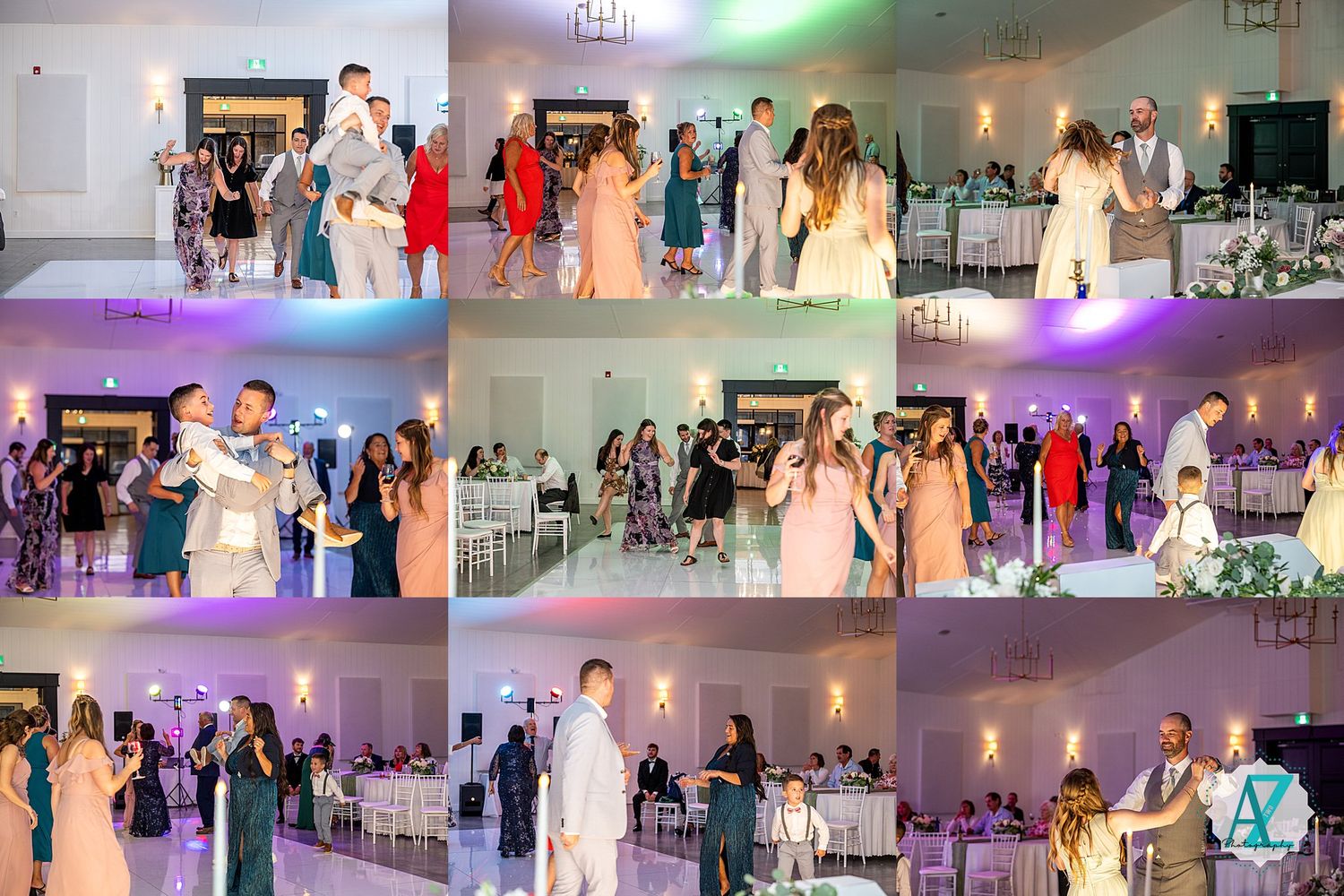 Celebration event with participants gathered in a ballroom with colorful mood lighting.