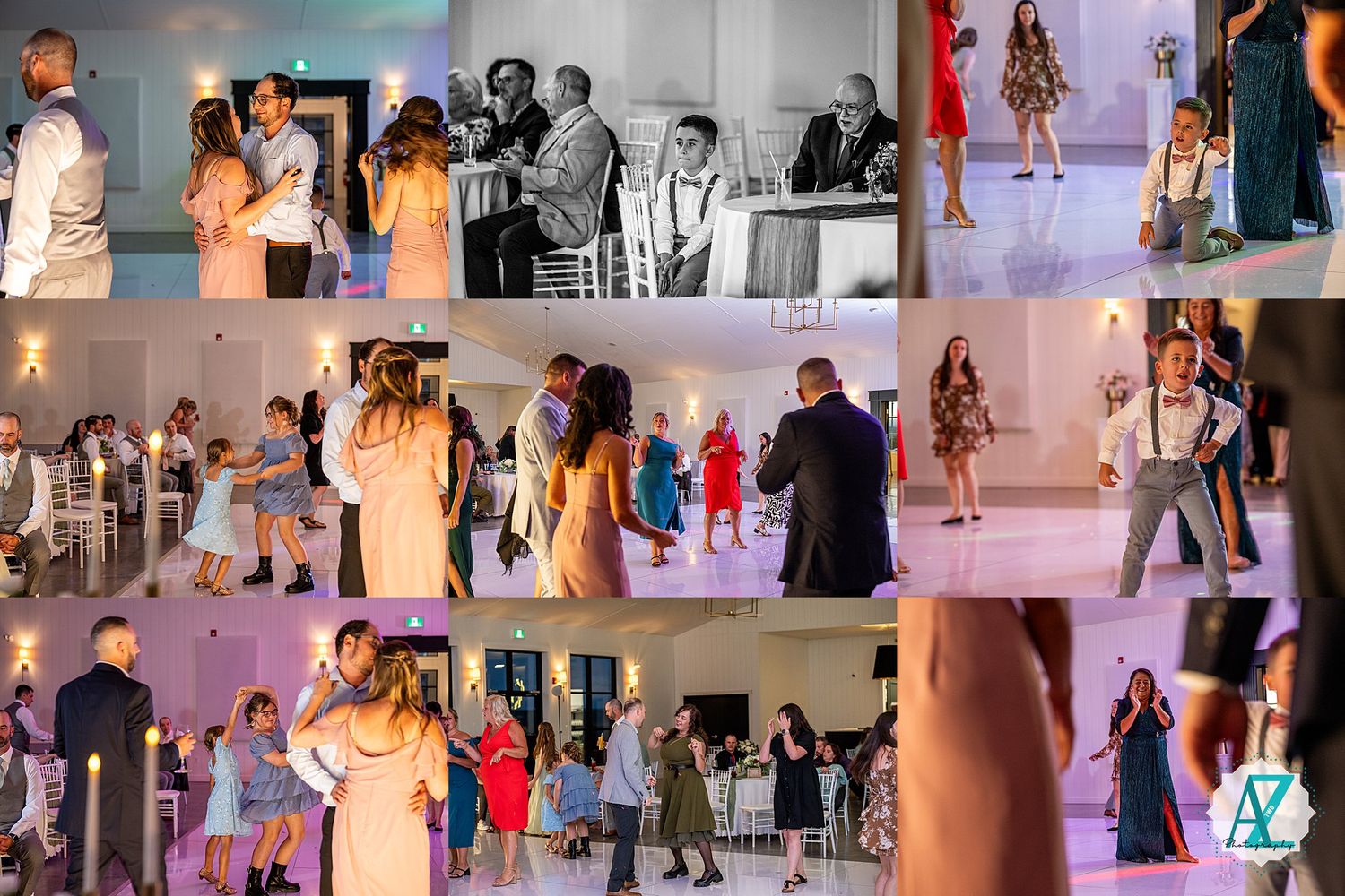 A collage of dance performances on stage with colorful lighting and formal attire during a social gathering.