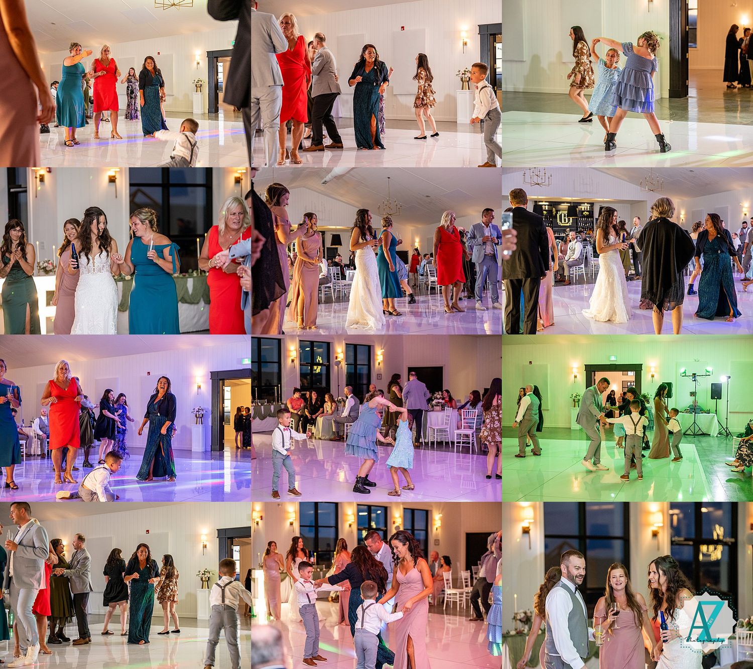 Wedding reception dance floor scene with guests mingling and dancing under vibrant lighting.