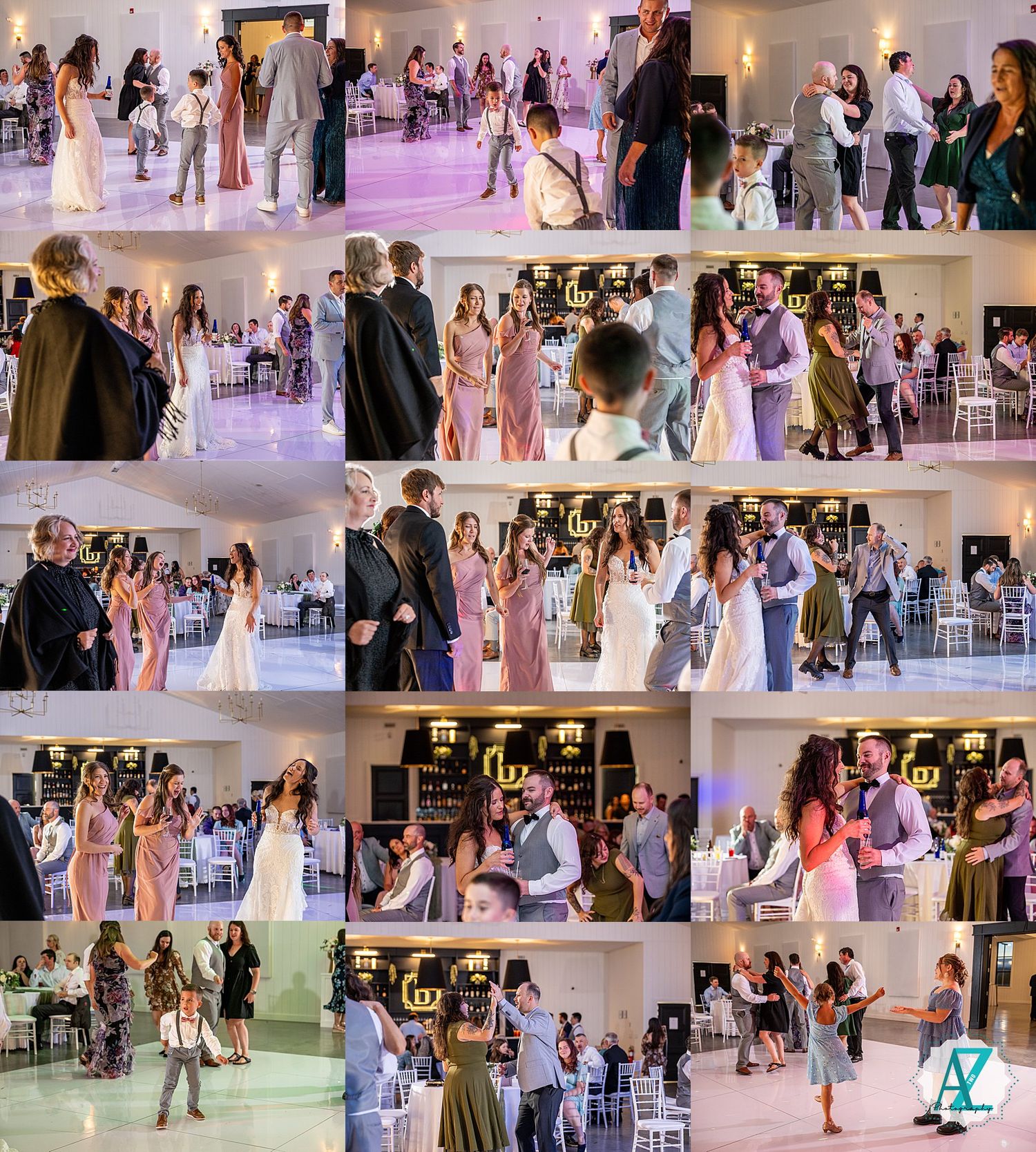 People mingling and walking at a fashion show event with white runway and purple lighting effects in a modern venue.