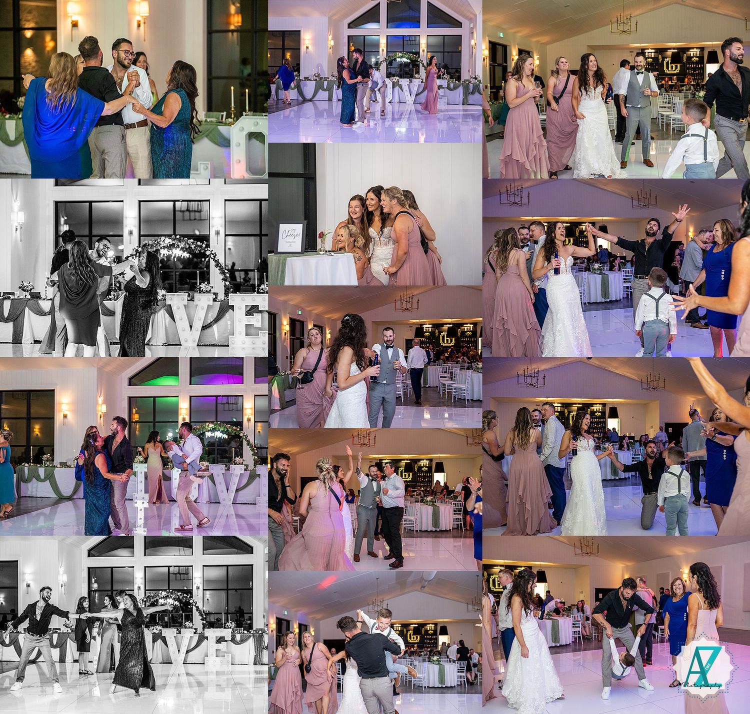 Wedding guests dancing on illuminated reception dance floor during evening celebration under romantic lighting.