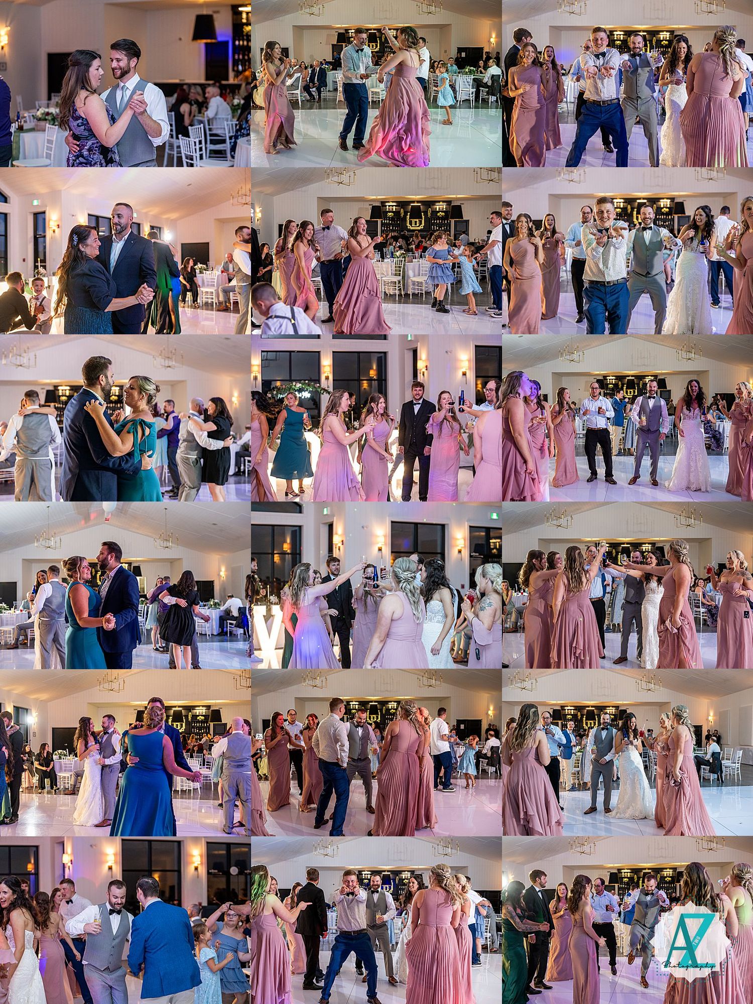 Wedding guests dancing and celebrating together on the dance floor at a reception with pink and purple lighting.