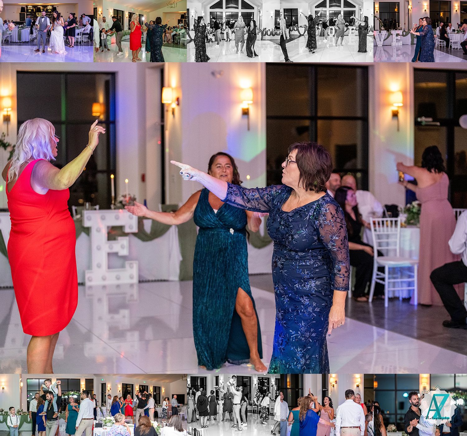 Event space featuring multiple dance sequences with guests in formal attire under ambient lighting.