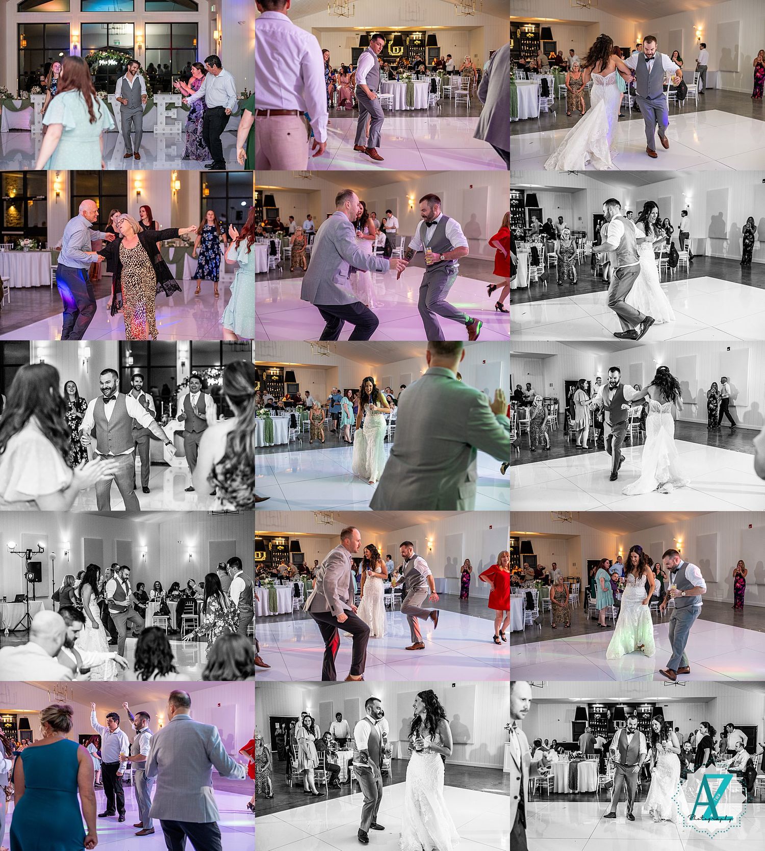 Couples dance together on an indoor ice skating rink with colorful lighting and a festive atmosphere.