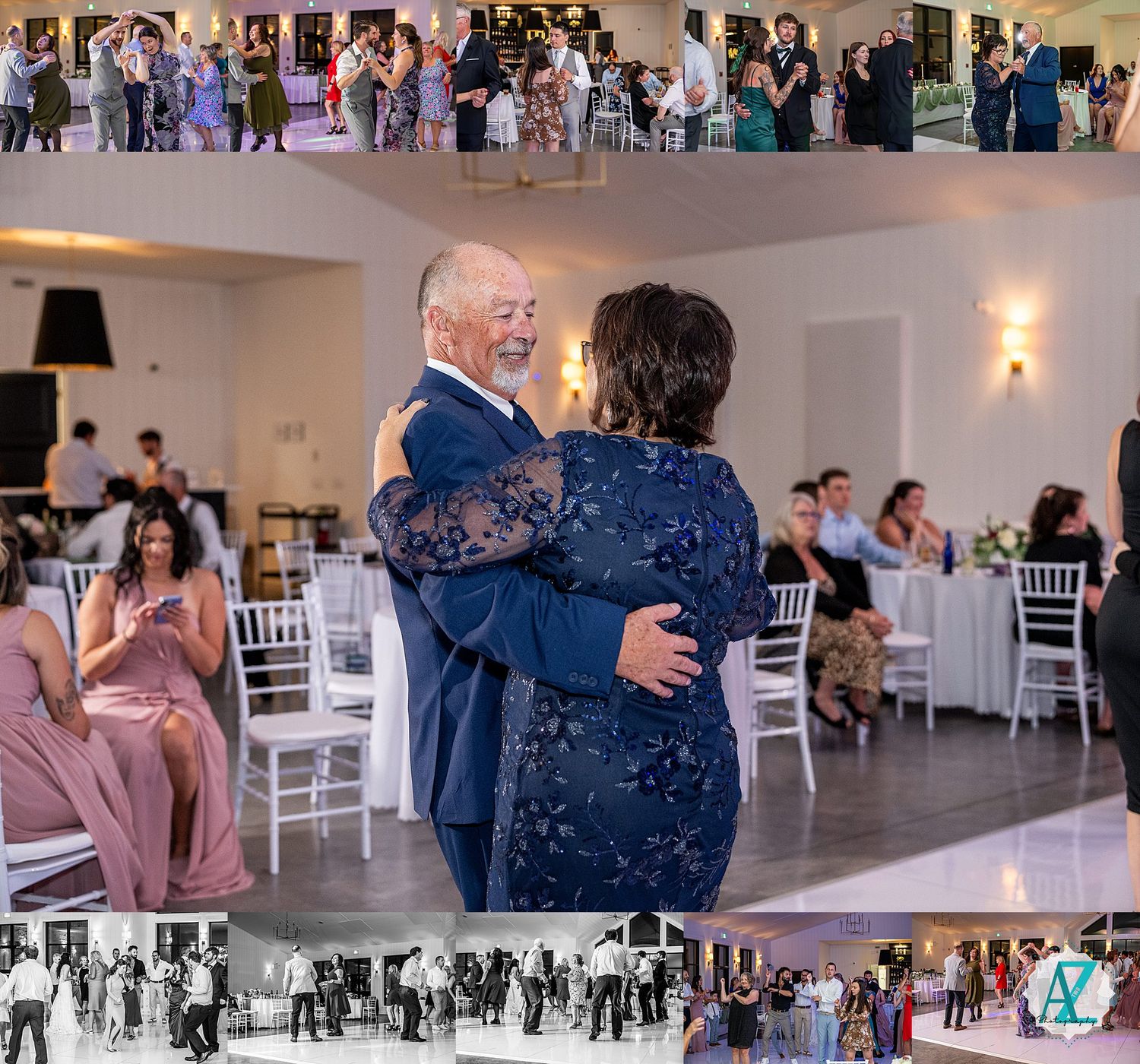 A collection of nine candid reception photos showing dancers, wedding guests, and dining tables at a formal wedding event.