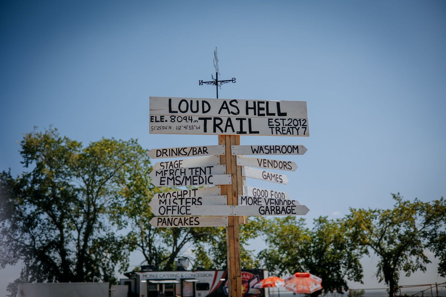 Homemade wooden directional signs in a garden display humorous sayings and festival messages.
