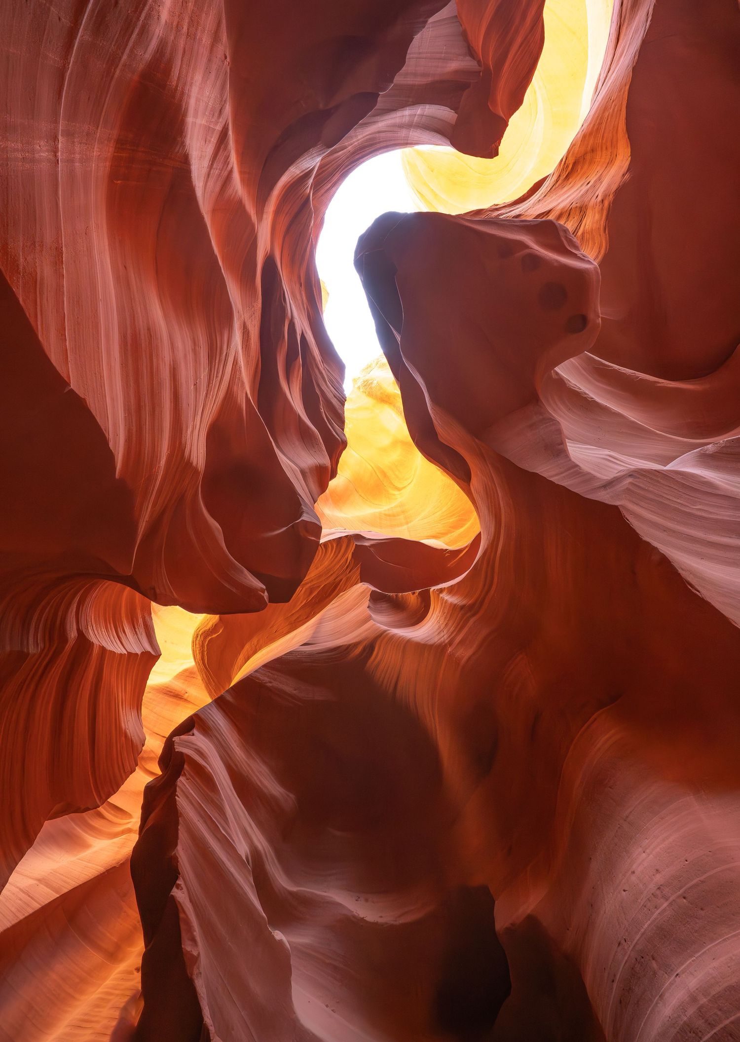 Sunlight streams through the curved orange walls of Antelope Canyon creating dramatic patterns in the sandstone formations.