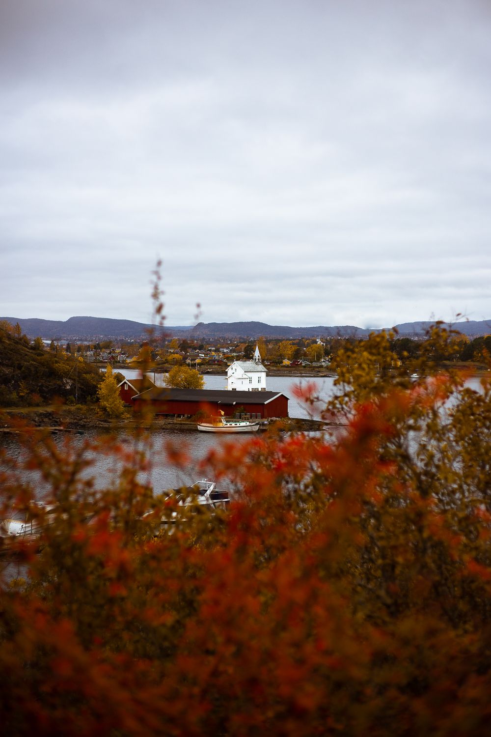 Autumn landscape view of a harbor town with red foliage in the foreground and mountains in the distance.