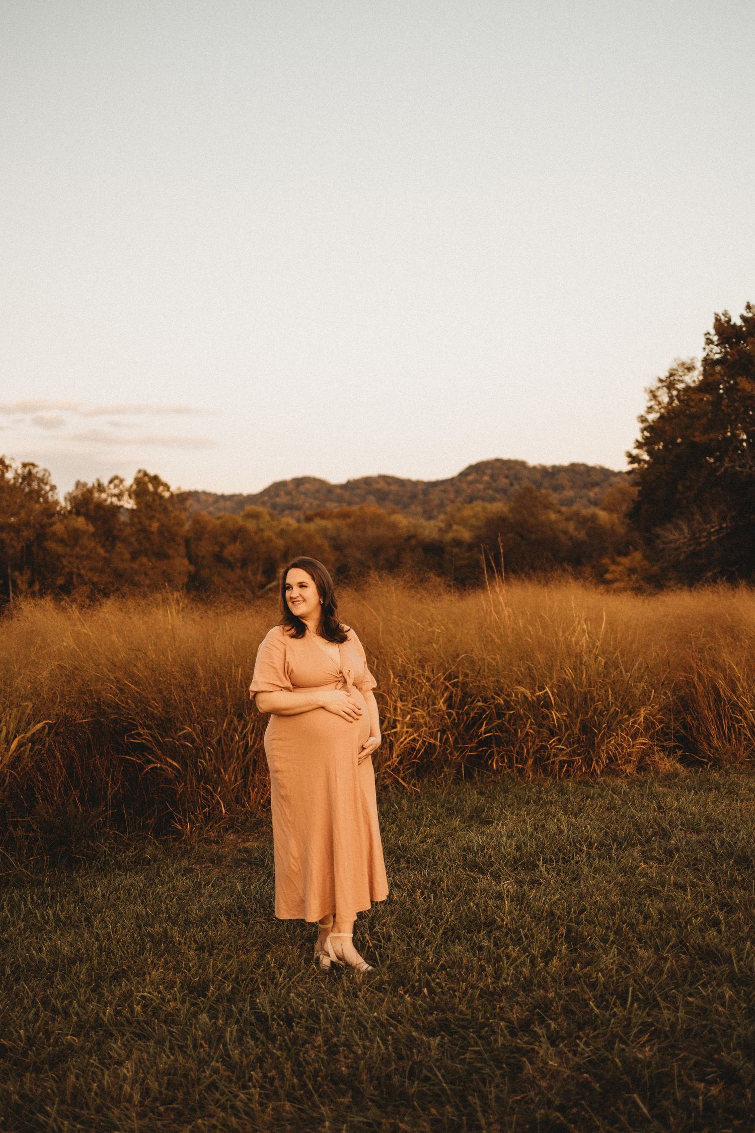 Pregnant woman in blush maxi dress standing in golden field at sunset with rolling hills in background.