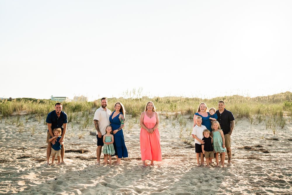 A series of beachfront family portraits during sunset showing different poses on the sandy shore.
